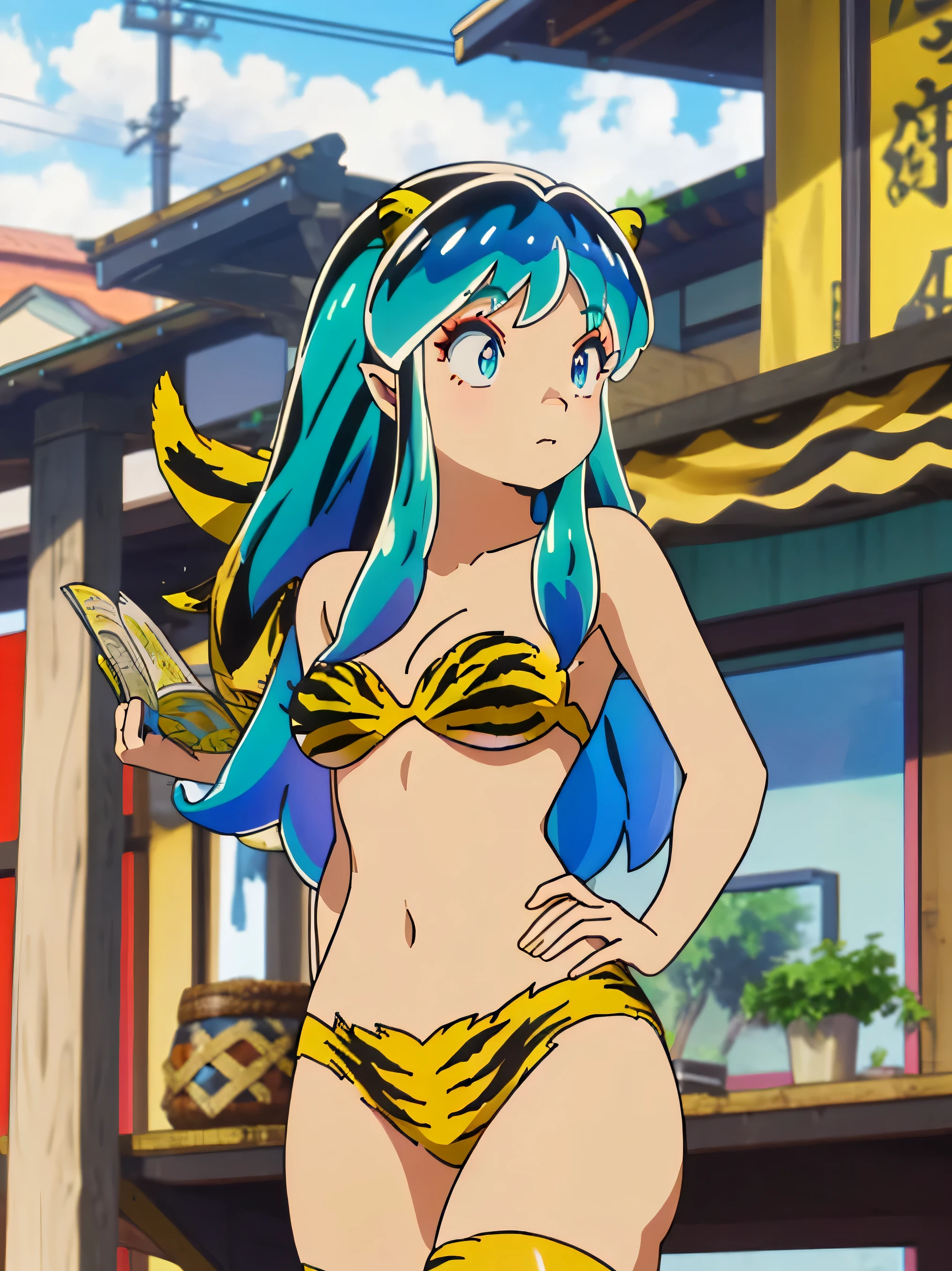 top-quality、ultra-detailliert、Blue eyes、Green haired、small yellow horns２There are books、Long straight hairstyle、1 female、Ram、Colossal tits、(((Tiger Bikini)))、i can see the cleavage、has a beautiful straight sword、Store it in a shining sheath and wear it on your waist.、in the background is a ruined temple、i&#39;I&#39;m a little worried、(((Forward View))), (penetration: 1.2),