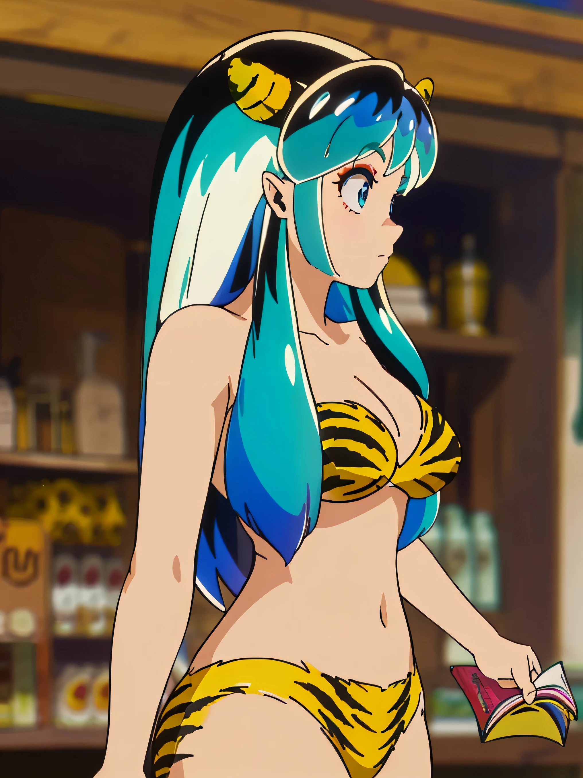 top-quality、ultra-detailliert、Blue eyes、Green haired、small yellow horns２There are books、Long straight hairstyle、1 female、Ram、Colossal tits、(((Tiger Bikini)))、i can see the cleavage、has a beautiful straight sword、Store it in a shining sheath and wear it on your waist.、in the background is a ruined temple、i&#39;I&#39;m a little worried、(((Forward View))), (penetration: 1.2),