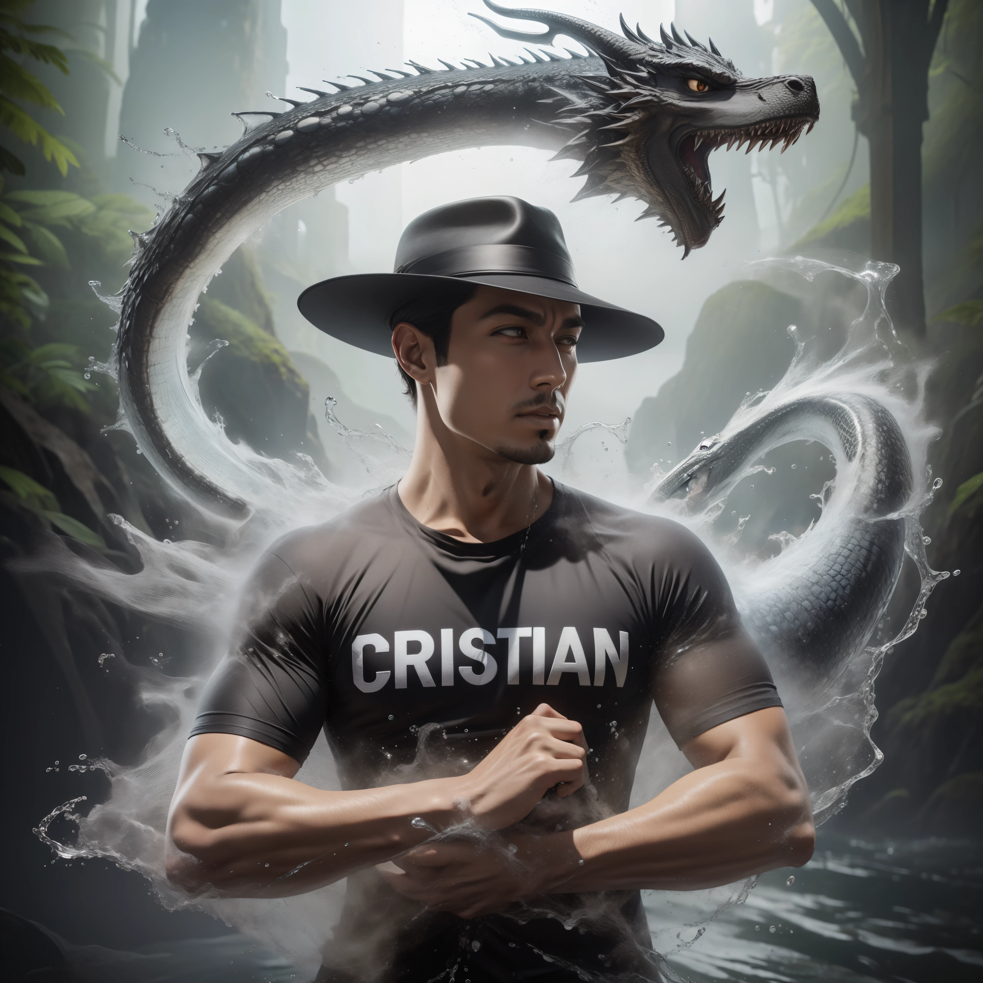 arafed image of a man in a hat and a black shirt with a dragon on it, christian, christian orrillo, inspired by Rudy Siswanto, water manipulation photoshop, christian saint, human and dragon fusion, inspired by Christian August Lorentzen, wlop and ross tran, inspired by Lucas Vorsterman, realistic fantasy photography, christian cline