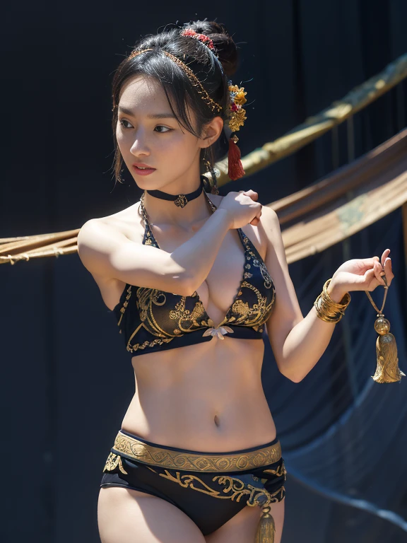 An ancient Chinese beauty,Dance,The ornate costumes are embroidered with intricate embroidery,A long colored streamer is tied around the arm,flowy,Open navel,cropped shoulderare neck,Yingluo,Black coiled hair bun hairpin hairband,The armband is tied with a streamer,Bracelet,Anklets,A metal chain tassel is tied around the waist,Mogao Cave Art,Inspiration for the Dunhuang flying mural,water ink,CGstation is popular ,NSFolden decoration,nipple tassels,Show your toeull bodyesbian --v 6