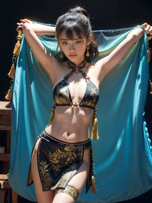 An ancient Chinese beauty,Dance,The ornate costumes are embroidered with intricate embroidery,A long colored streamer is tied around the arm,flowy,Open navel,cropped shoulderare neck,Yingluo,Black coiled hair bun hairpin hairband,The armband is tied with a streamer,Bracelet,Anklets,A metal chain tassel is tied around the waist,Mogao Cave Art,Inspiration for the Dunhuang flying mural,water ink,CGstation is popular ,NSFolden decoration,nipple tassels,Show your toeull bodyesbian --v 6