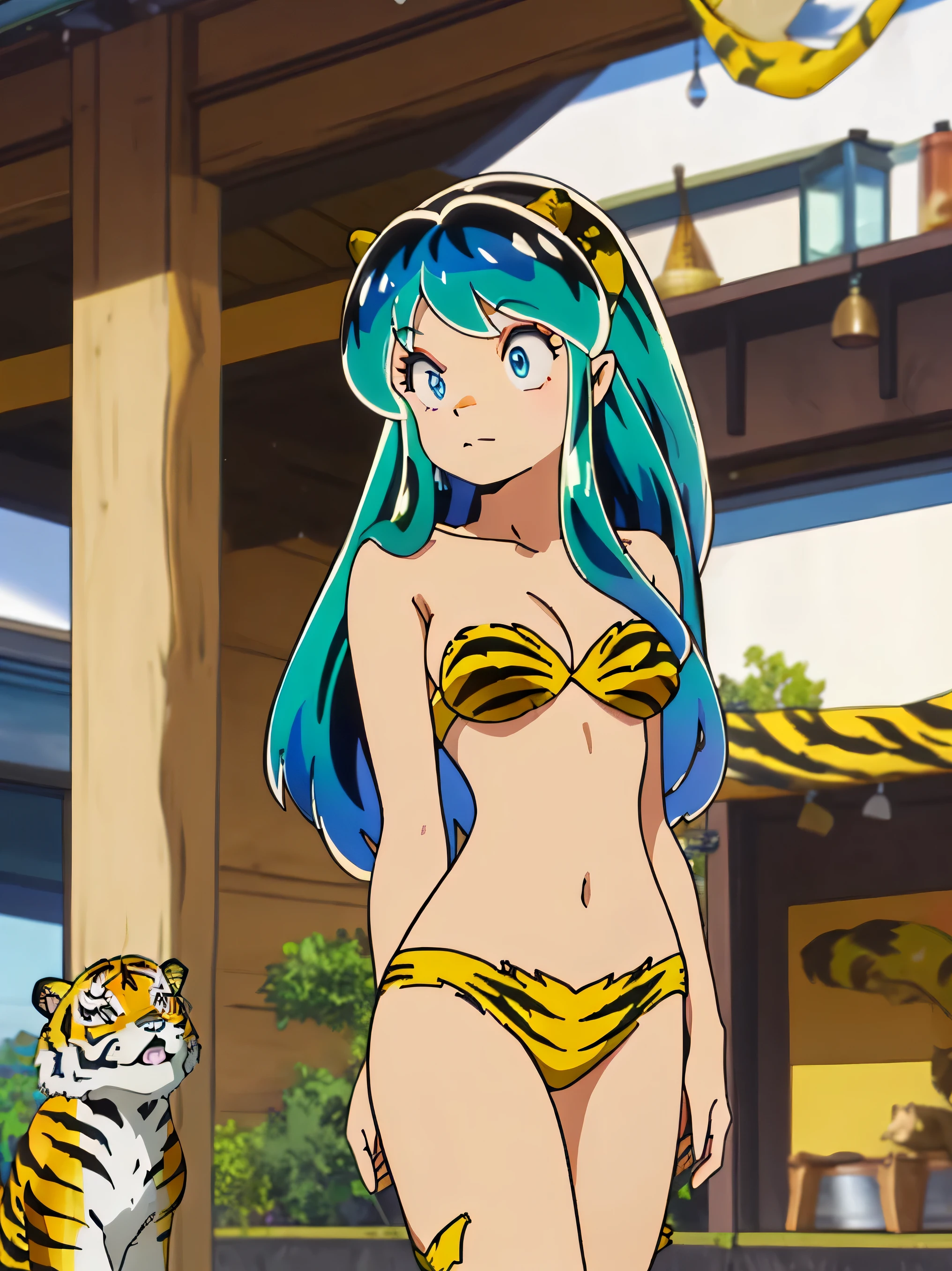 top-quality、ultra-detailliert、Blue eyes、Green haired、small yellow horns２There are books、Long straight hairstyle、1 female、Ram、Colossal tits、(((Tiger Bikini)))、i can see the cleavage、has a beautiful straight sword、Store it in a shining sheath and wear it on your waist.、in the background is a ruined temple、i&#39;I&#39;m a little worried、(((doggy style))), (penetration: 1.2),