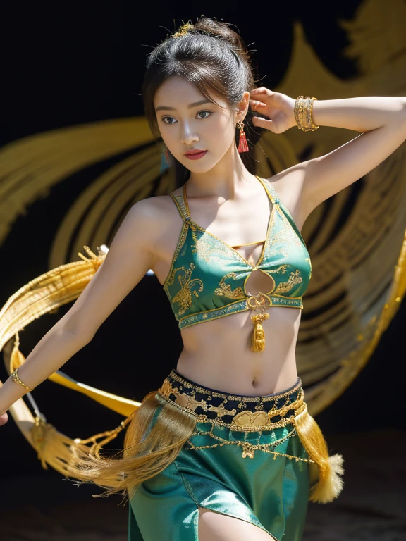 (8k, highest quality, ultra detailed:1.37), (Dina), 18yo, (a talented Javanese dancer), showcases her passion for hip hop dance. She wears a sporty urban outfit, including a crop top, joggers, and sneakers, allowing her to move freely. The high-resolution image captures ultra-detailed realism, highlighting Dina's captivating eyes, long eyelashes, and smooth complexion. The dynamic dance studio setting adds energy and excitement, capturing Dina's expressive movements and Javanese flair.
