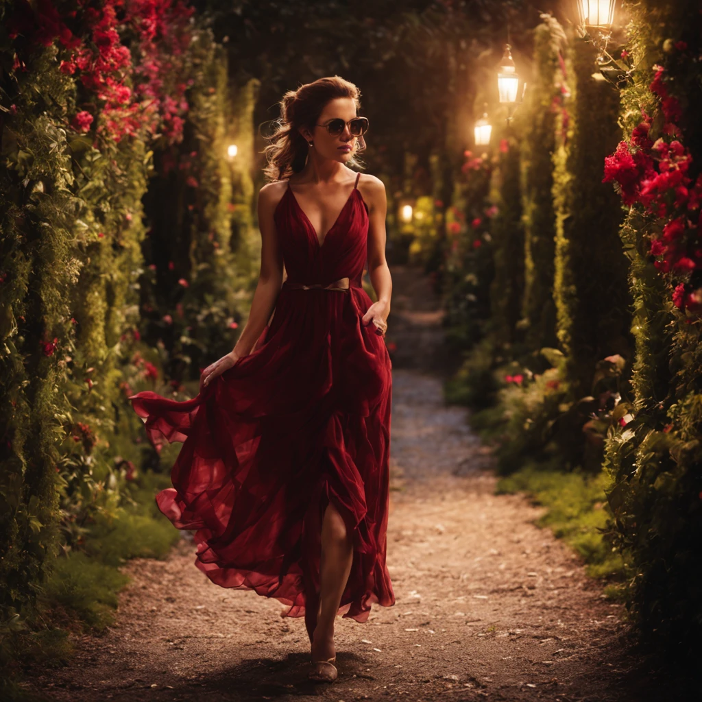 1 girl "Kate Beckinsale in sunglasses and wine red dress", a view of a path with a path leading to a garden with trees and flowers, Jardim encantado, fantasy gorgeous lighting, paisagem natural noturna, enchanted magical fantasy forest, Wonderland at night, very magical and dreamy, caminho, Lovely lighting, magical ambiance, paisagem lindamente iluminada, foto muito bonita, magic lighting, belo jardim, papel de parede bonito, magical ambiance