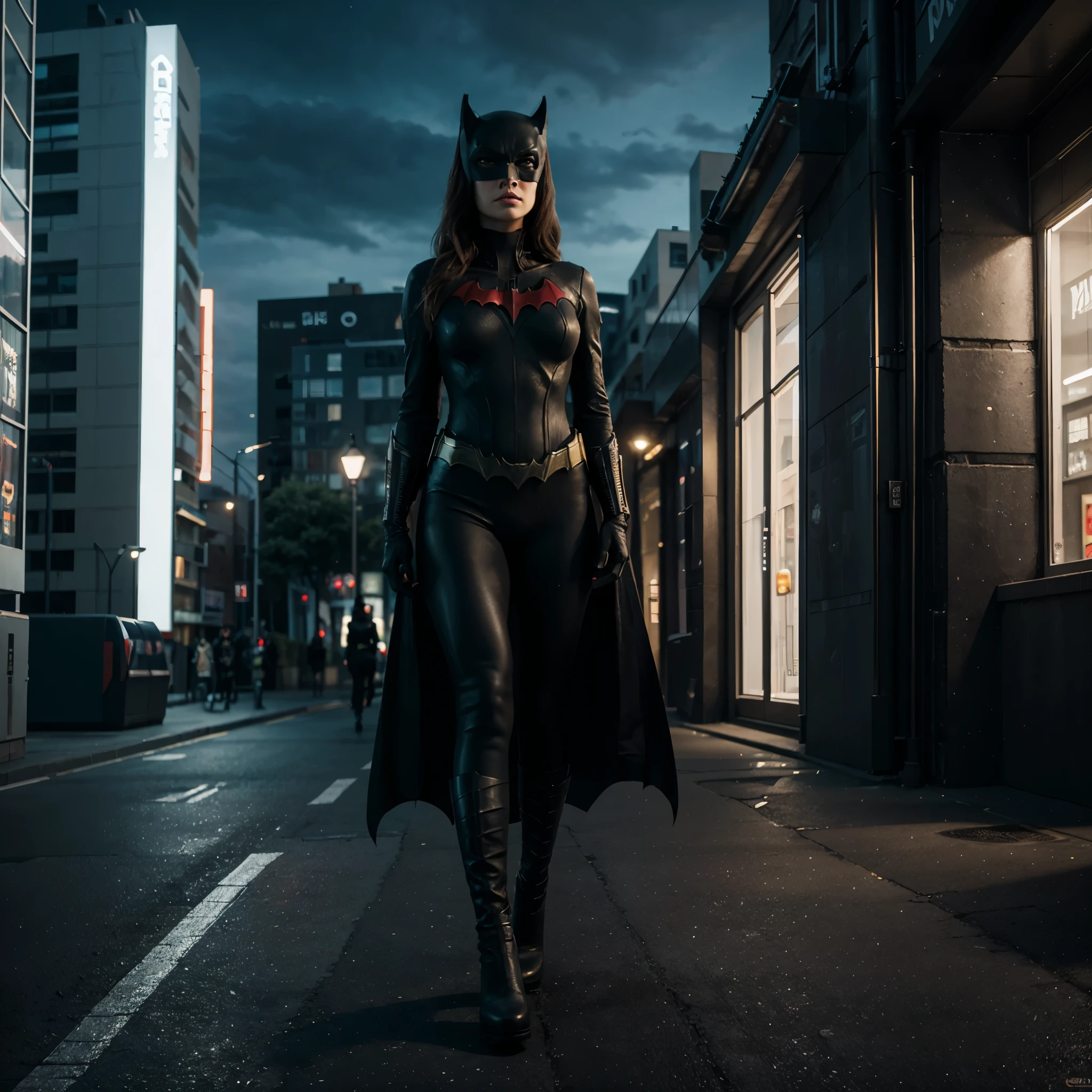 masterpiece, superior quality, detailed image, batwoman, with futuristic gothic look, mixing with visual cat woman, without the mask and woman with blonde hair thrown to the wind, in a futuristic city at night full of tall buildings, image render 3d, 16k, high level of detail