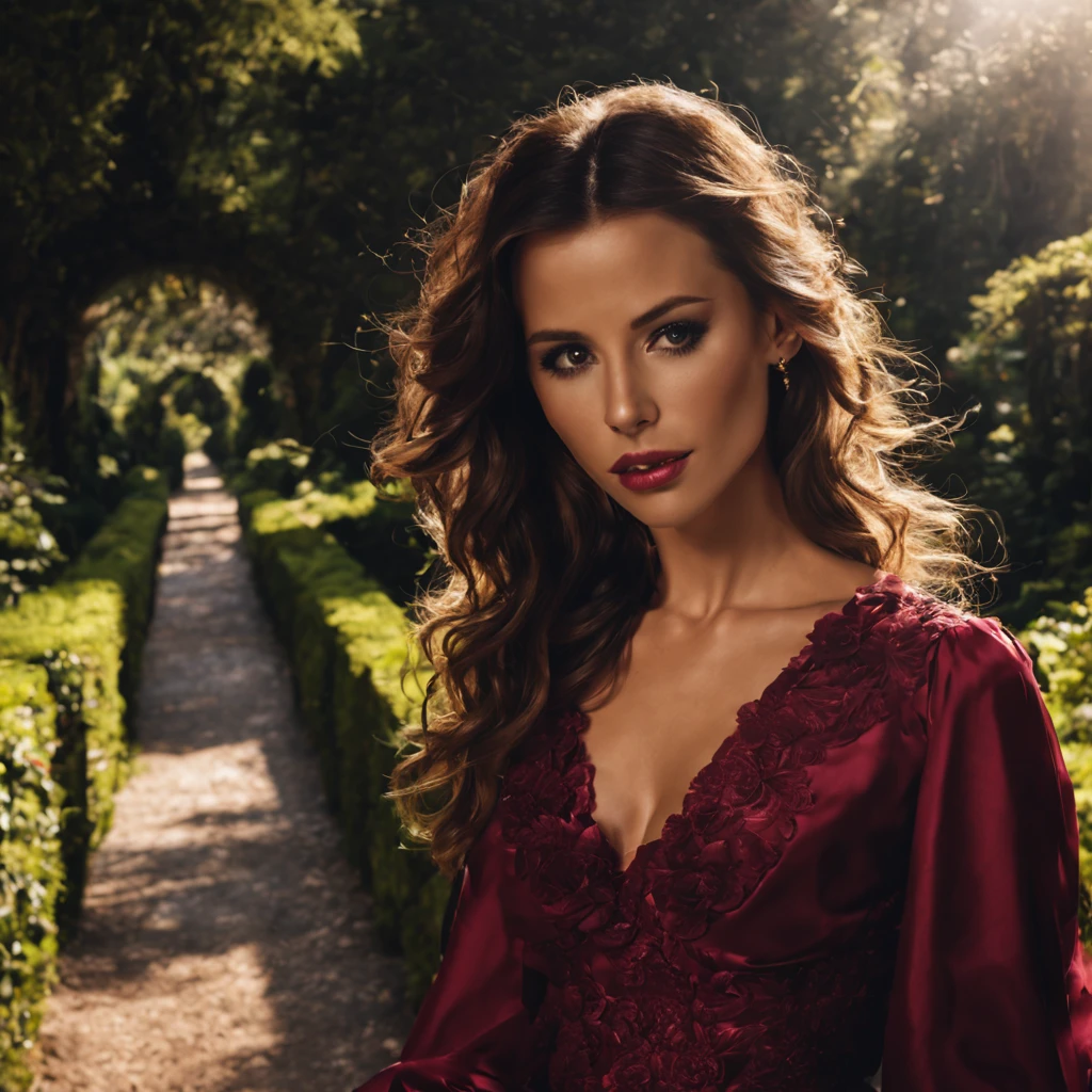1 girl "Kate Beckinsale in sunglasses and wine red dress", a view of a path with a path leading to a garden with trees and flowers, Jardim encantado, fantasy gorgeous lighting, paisagem natural noturna, enchanted magical fantasy forest, Wonderland at night, very magical and dreamy, caminho, Lovely lighting, magical ambiance, paisagem lindamente iluminada, foto muito bonita, magic lighting, belo jardim, papel de parede bonito, magical ambiance