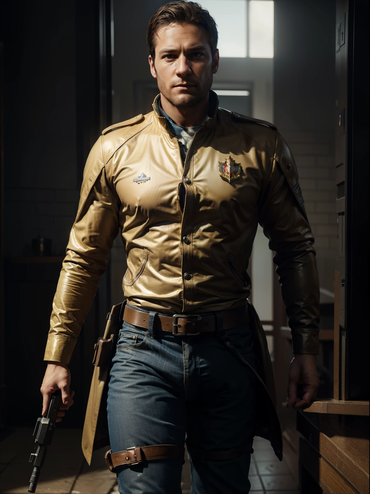 Hyper realistic 8k octane rendering, done in Maya, Blender and Photoshop, cinematic atmosphere, dynamic dramatic cinematic lighting, correct and accurate anatomy, aesthetics, digital illustration, high resolution, a highly detailed portrait. From Arthur Morgan from the game read dead 2. Wearing the futuristic gold uniform with blue borders, with a 12 caliber gun in his right hand. On top of a (((pegasos))) White.