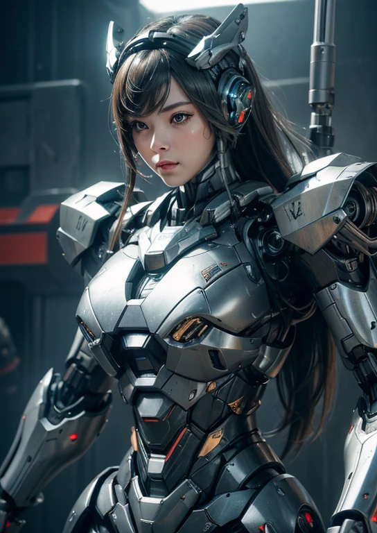 Textured skin, Super Detail, high details, High quality, Best Quality, hight resolution, 1080p, hard disk, Beautiful,(War Machine),(head gear),beautiful cyborg woman,Mecha Cyborg Girl,Battle Mode,Girl with a Mecha Body,She wears a futuristic war machine weapon mech,Fulll body Shot