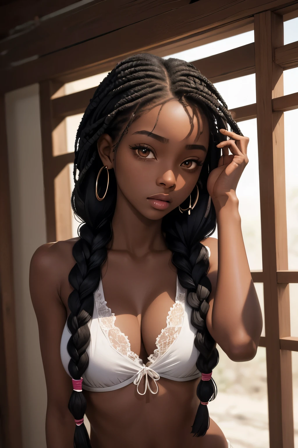 (masterpiece, best quality), deep ebony 1girl, beautiful face, freely hanging braids, confused