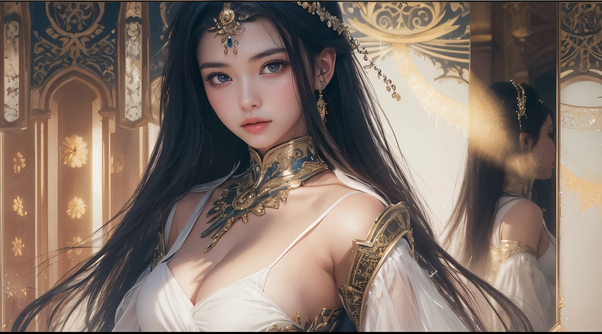 Create an image of a beautiful woman wearing a sexy ancient Japanese warrior costume. She has a slender face, sharp eyes, long hair, an angled face, a high nose, thin lips, a chest size of 32 inches, a waist size of 24 inches, hips size 33 inches, her skin is bright and white. she has brown hair She has pink nipples Her body was slim and muscular like an athlete. And she was enjoying sitting with her legs spread in an M shape, showing off her very attractive genitals.