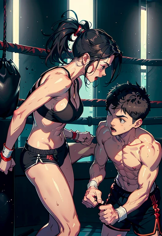 Tall strong fighter MOM and young Son couple having into the ring, mom busty and tall perfect legs perfect ass, (1 MILF with ung boy having into the ring ) , beautiful eyes, (delicate faces) , perfect detail, (best lighting) ,(boxing girl with boxing boy) , sweat, heavy breathing , (boxing ring) , athletic sexy mini shorts on mom showing ass, male boxing shorts on boy, perfect detail, perfect fingers, perfect limbs, impact, (shiny skin) , abs, muscles, waistline,boxing shorts, fist fight, black hair, high ponytail, very long hair,
4K unified, (super detailed CG: 1.2) , (8K: 1.2) , realistic, octane rendering, sexy tall mom and smaller son fight training, topless mom screaming of pleasure, pleasure face