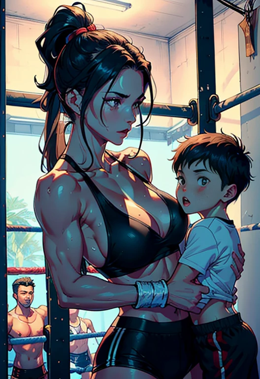 Tall strong fighter MOM and young Son couple having into the ring, mom busty and tall perfect legs perfect ass, (1 MILF with ung boy having into the ring ) , beautiful eyes, (delicate faces) , perfect detail, (best lighting) ,(boxing girl with boxing boy) , sweat, heavy breathing , (boxing ring) , athletic sexy mini shorts on mom showing ass, male boxing shorts on boy, perfect detail, perfect fingers, perfect limbs, impact, (shiny skin) , abs, muscles, waistline,boxing shorts, fist fight, black hair, high ponytail, very long hair,
4K unified, (super detailed CG: 1.2) , (8K: 1.2) , realistic, octane rendering, sexy tall mom and smaller son fight training, topless mom screaming of pleasure, pleasure face