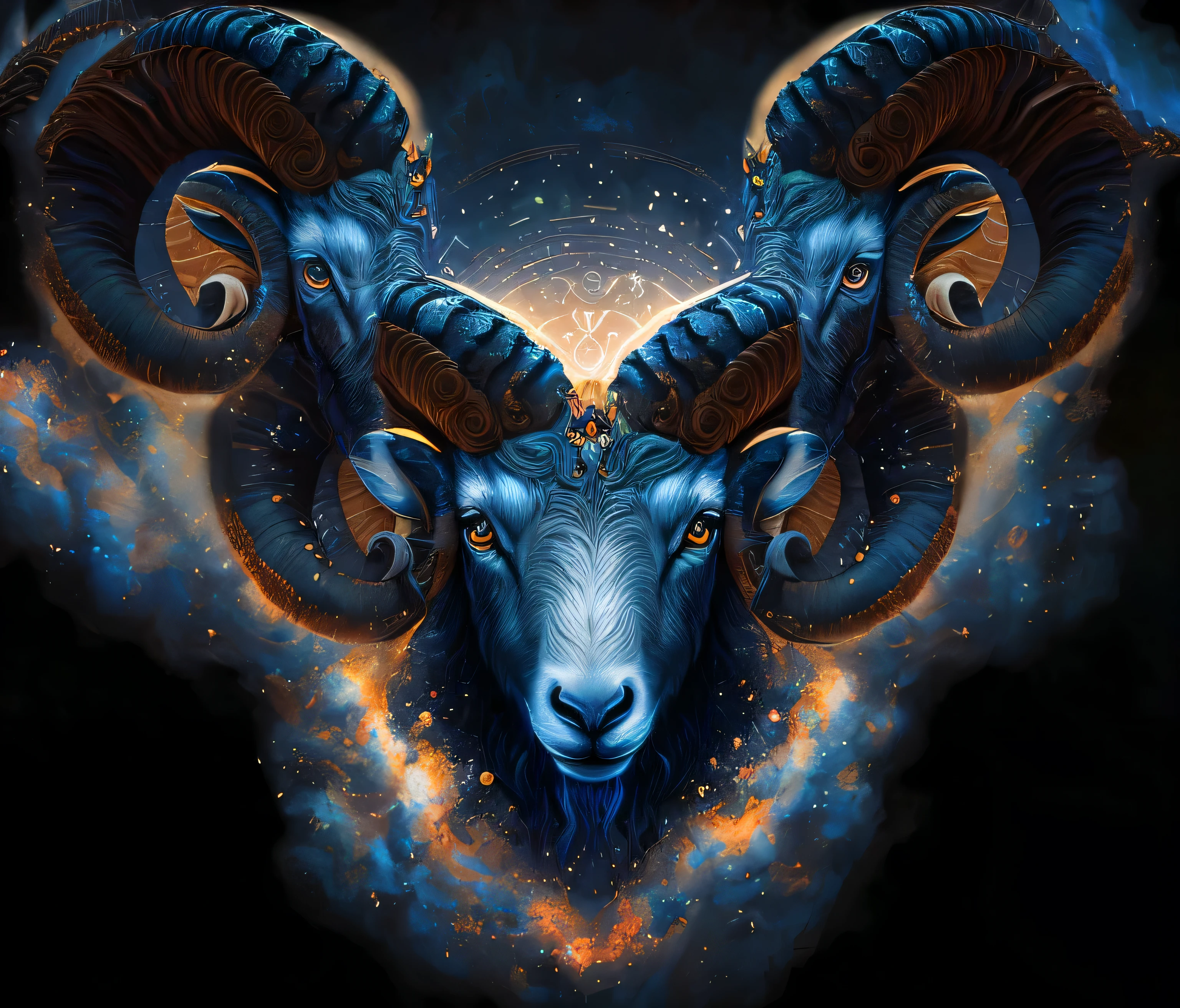 arafed ram with a blue and orange background and a star burst, aries fiery ram tarot, horned ram goddess, ram horns, symmetry!! portrait of hades, dreaming of electric sheep, ram skulls, aries constellation, symmetrical epic fantasy art, astral appearance, ram antlers, coherent symmetrical artwork, symmetric!!, jen bartel, electric sheep, big horns