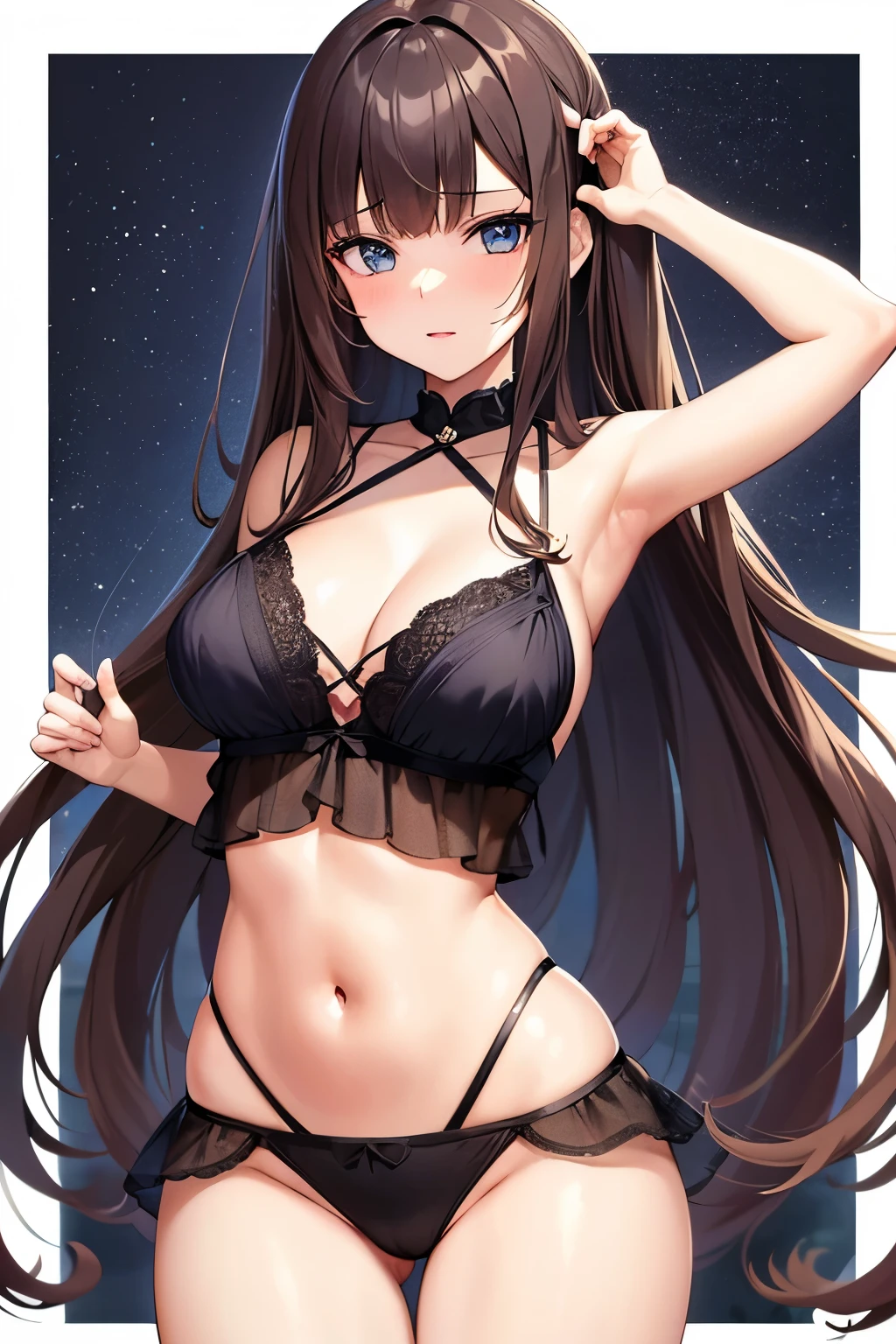 21 years old girl, wavy long hair, dark brown hair colour, blunt bangs, blue eyes, Anime style, multiple expressions and poses, character sheet,underware,lingerie,sexy