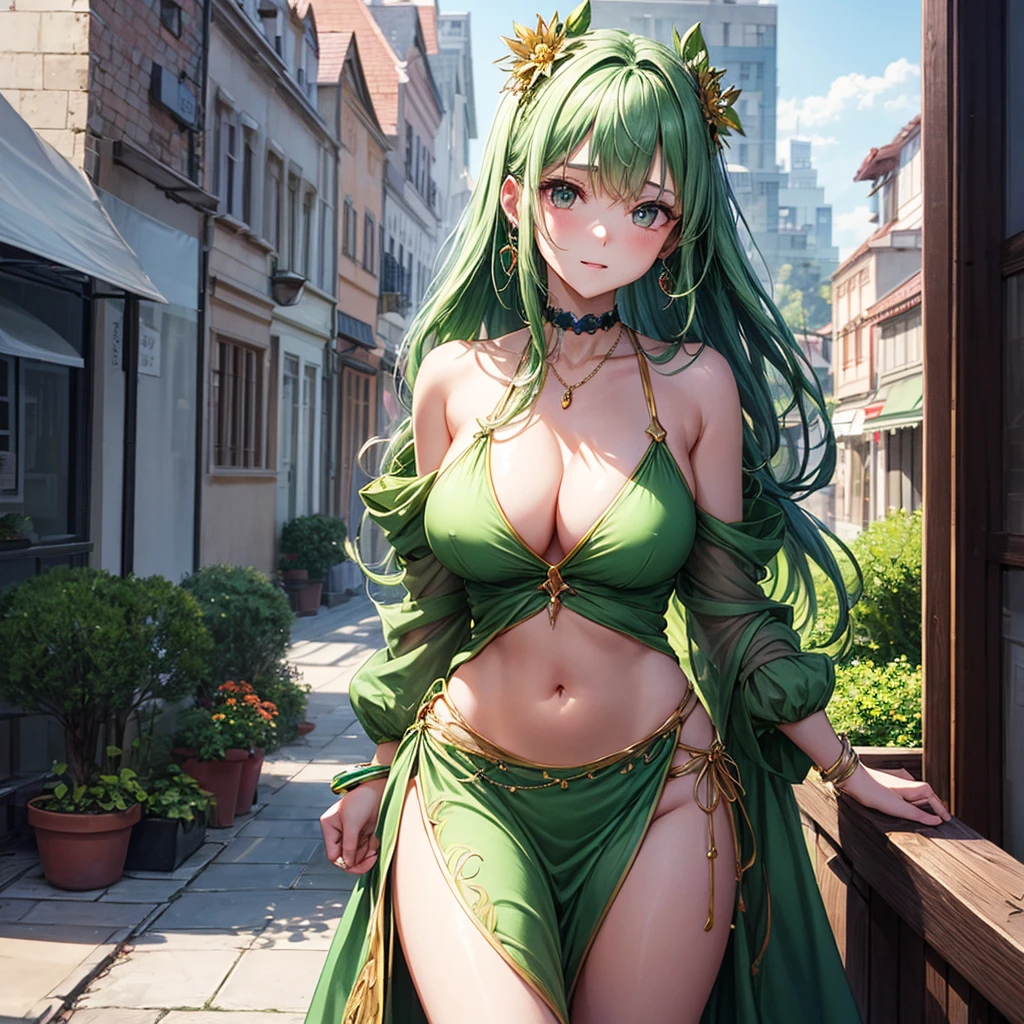 1girl in、Green hair、green white dress、jewely、see -through、see the beholder、hair adornments、a choker、full of shyness、 (masterpiece、top-quality、top-quality、Official art、Beautifully Aesthetic:1.2)、(1 girl in)、ighly detailed、colourfull、highestdetailed、 (Colossal tits:1.2、)The upper part of the body、(frombelow)、cammel toe、skirt rift、 城市、a street、suns、云、walls、leaning、Navel、 鎖骨、thighs thighs thighs thighs、(((produce jewelry)))