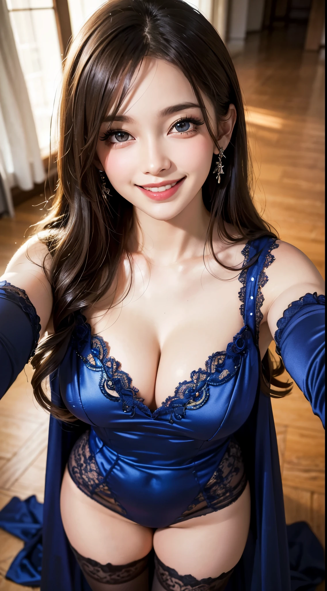 (UHD, retina, masterpiece, accurate, anatomically correct, textured skin, super detail, high details, high quality, best quality, high res, 1080P, HD, 4K, 8k, 16k), (beautiful detailed eyes, beautiful detailed lips, extremely detailed eyes and face), soft lighting, physically-based rendering, vivid colors, (large breasts, glamorous body), (royal blue, lace dress, long dress), (portrait, shiny hair, shiny skin, blush), (bokeh), eye reflection, (smile and laugh, stockings:1.5), (open legs, panties:1.2), high heels, from above,