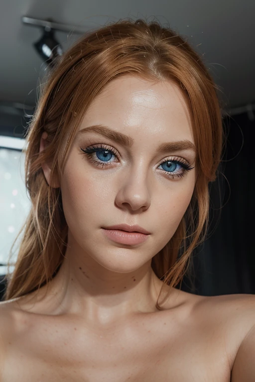 with blue eyes, red langes Hair, portrai, blonde hair and large eyes, long eyelashes, Selfie einer jungen Frau, Natural makeup, Blick direkt in die Kamera, dezentes Make-up, Great portrait photo, (realistic), (studio light), (HDR), (8K)