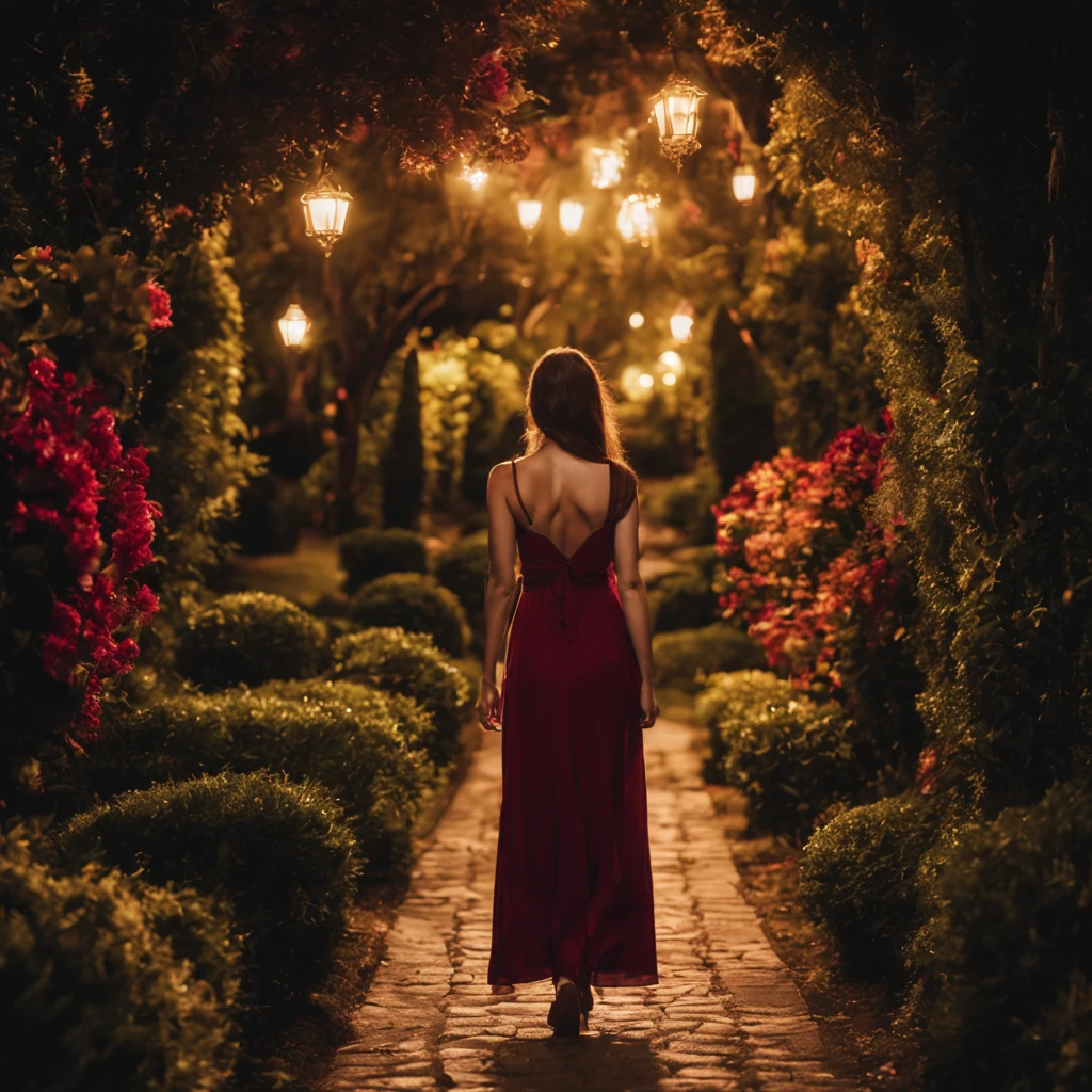1 girl "Sarah Michelle Gelar with sunglasses and burgundy yellow dress", a view of a path with a path leading to a garden with trees and flowers, Jardim encantado, fantasy gorgeous lighting, paisagem natural noturna, enchanted magical fantasy forest, Wonderland at night, very magical and dreamy, caminho, Lovely lighting, magical ambiance, paisagem lindamente iluminada, foto muito bonita, magic lighting, belo jardim, papel de parede bonito, magical ambiance