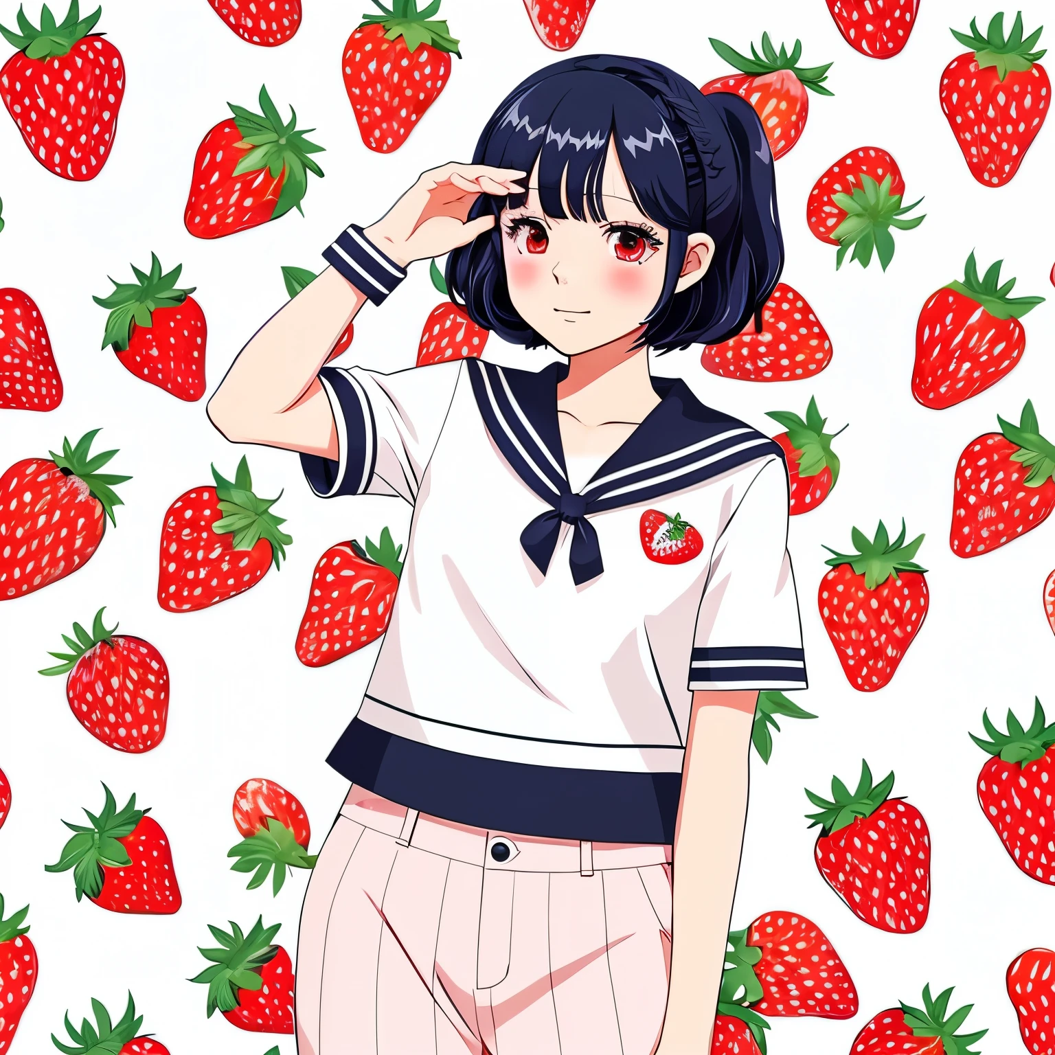 Anime style、Strawberry 100%、Aya Tojo、a sailor suit、Panchira、strawberry pattern white pants、embarrassed from、Long black hair