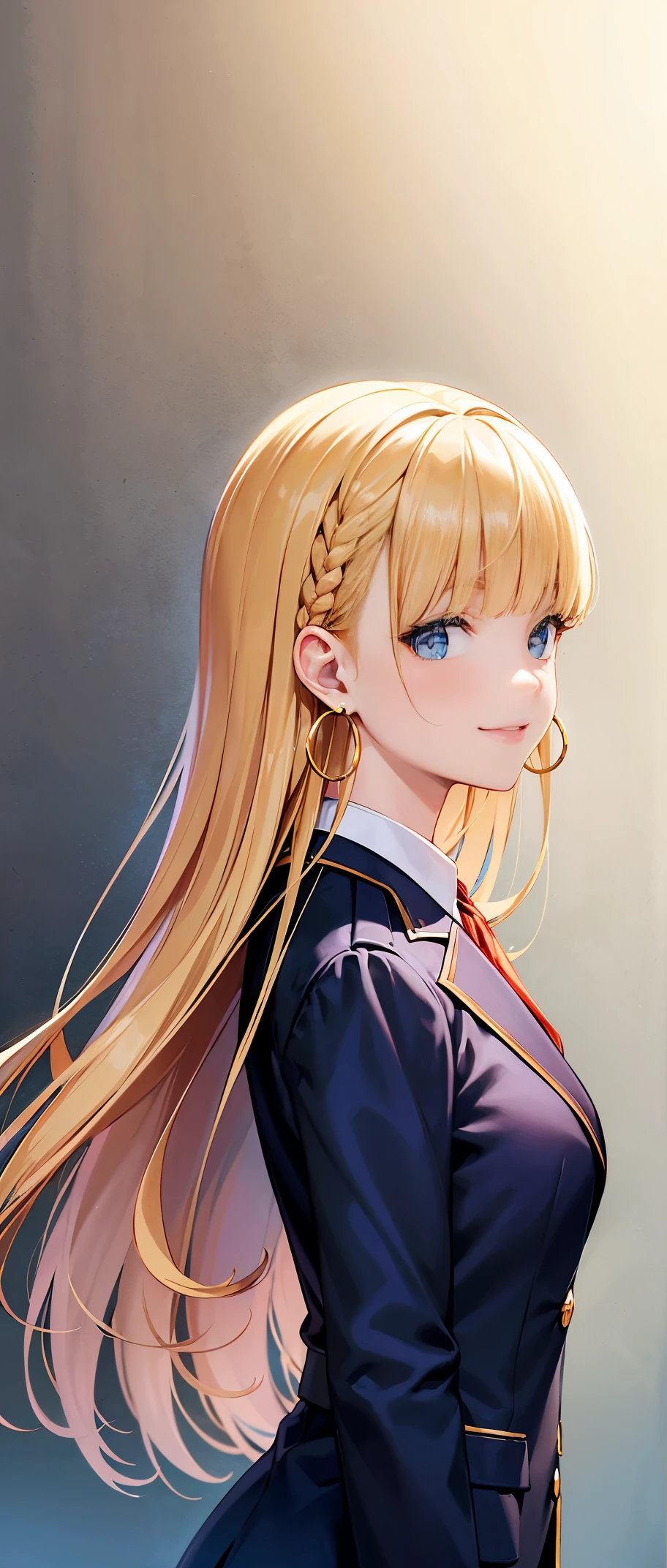 Best Quality,Masterpiece,shiny blonde hair,Blue Eyes,school uniformss, Look down, upper half body,hair strand,Fair skin,French Braids,Smile,Blunt bangs,Hoop earrings,gradient hair,The left sideburn is longer than the right sideburn.,front view of body,navy blue blazer