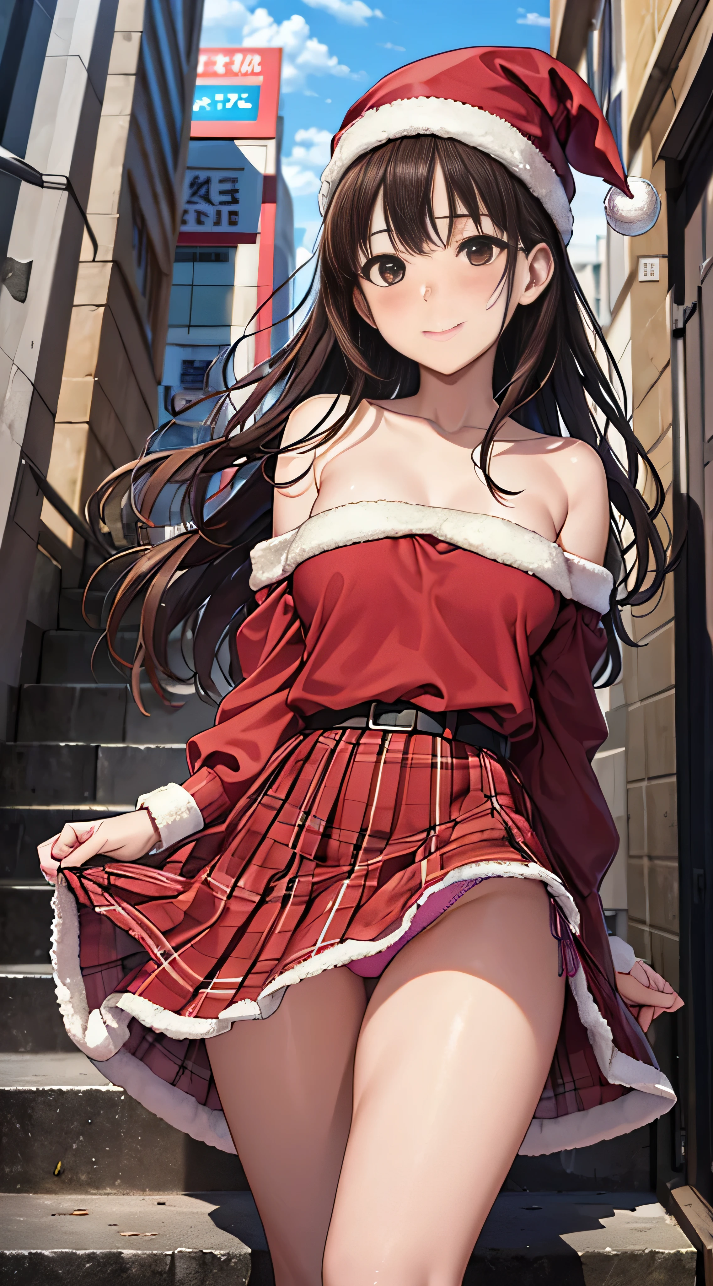 ((masutepiece, Best Quality, hight resolution, nffsw, Perfect Pixel,  4K, nffsw, nffsw))), 1girl in, Single, Solo, Beautie、full body seen、 ((Medium length wavy hair, Bangs, Brown hair)), ((Brown-eyed, Beautiful eyelashes, Realistic eyes)), ((Detailed face, Blushing:1.2)), ((Smooth texture:0.75, Realistic texture:0.65, Photorealistic:1.1, Anime CG style)), medium breasts, Dynamic Angle, Perfect body,  (Santa Claus Costume、Red knitted hat、Red off-the-shoulder sweater、Long flared skirt)), City staircase、Looking up from the bottom of the stairs、Very embarrassing panic smile、Open your mouth and make a surprised face、 turned around、bending forward、(The wind flipped my skirt and exposed my butt...........................................、stick out your butt、Touching the buttocks with both hands、Pink lace panties)、