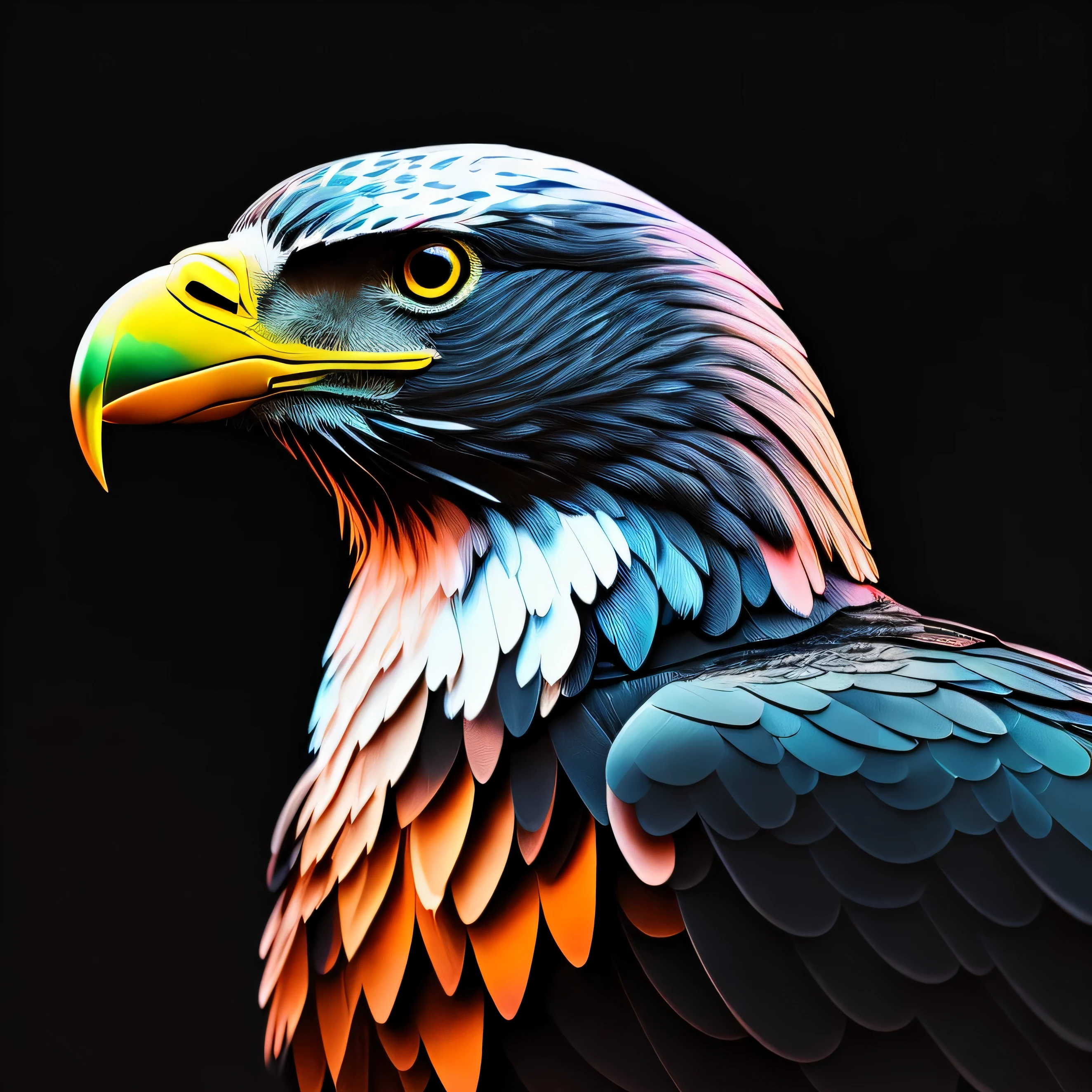 intricate and colorful, (digital painting:1.2) eagle, bright neon plumage, standing facing forwards, wings outstretched, in the style of Germany Second World War, German Eagle, Nazi German Eagle, Waffen SS German Eagle, concept art, octane render, trending on artstation, neon-noir background, iolibt, vfx, Blender and Photoshop, octane render, excellent composition, cinematic atmosphere, dynamic dramatic cinematic lighting, aesthetic, very inspirational, arthouse,(dark plain black background:1.4))