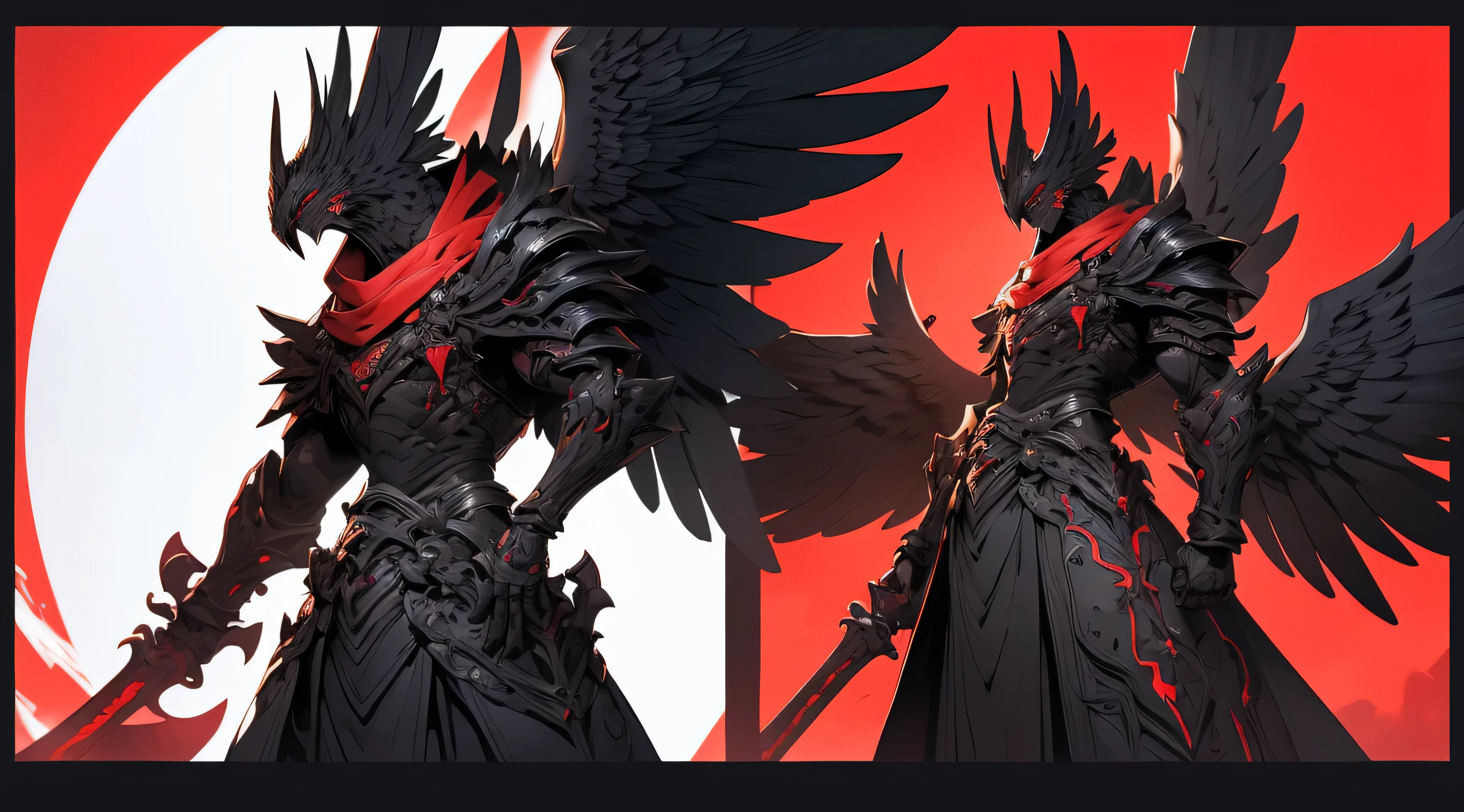 man with wings and red tattoo, Dark Black and Light Black Style, Anime Art, 32K Ultra HDTV, Strange Gothic characters, Multi-layered dimensions, Hestercore, Pigeons can