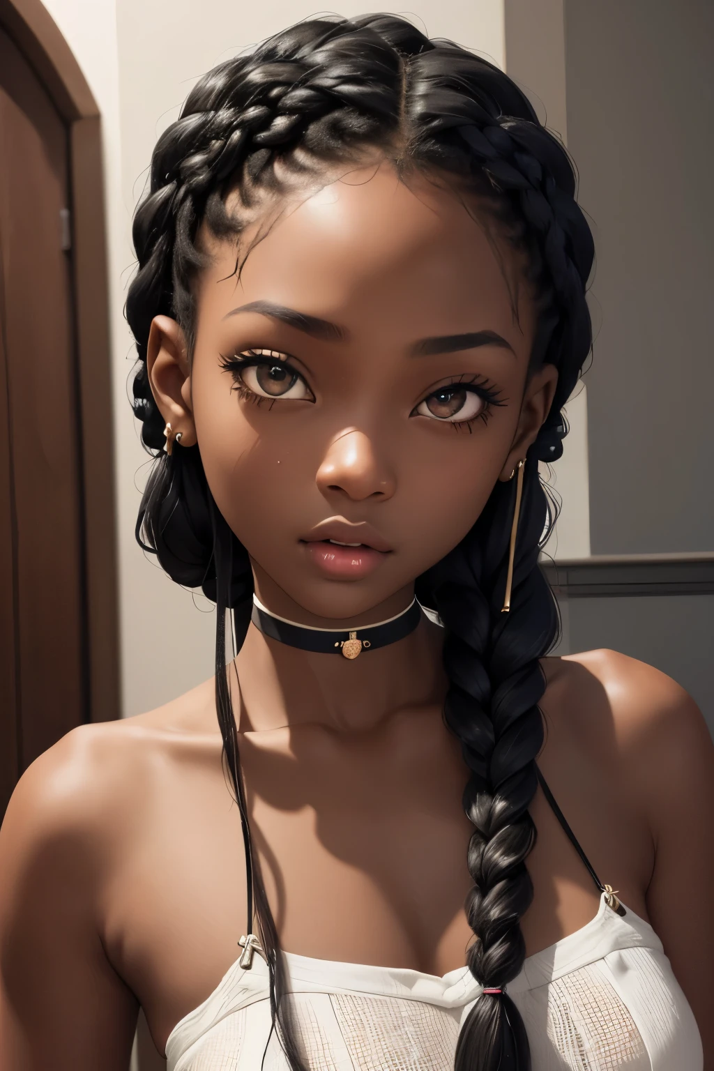 (masterpiece, best quality), deep ebony 1girl, beautiful face, freely hanging braids, confused