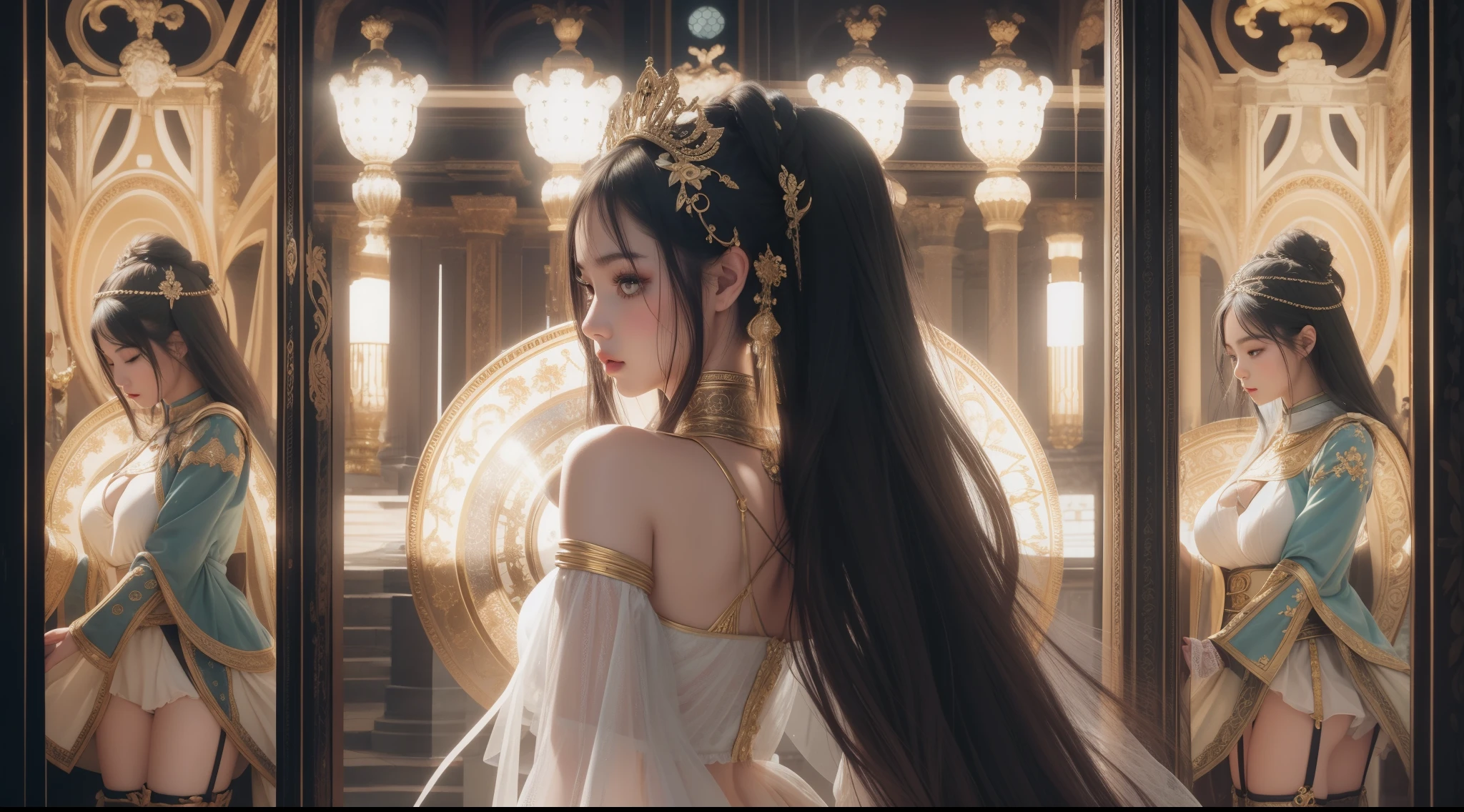 1girls,goddesses，Venus，Delicate and beautiful face,Medium long black hair，flowy，full breast，Convex buttocks，Roman skirt，perfectly proportioned, Detailed clothing details,Temple，arena，wonderland，Cinematic lighting, filmgrain, Fujicolor, light and darkcontrast, 8K, 巨作, Textured skin, Super detail, High detail, High quality, high resolucion