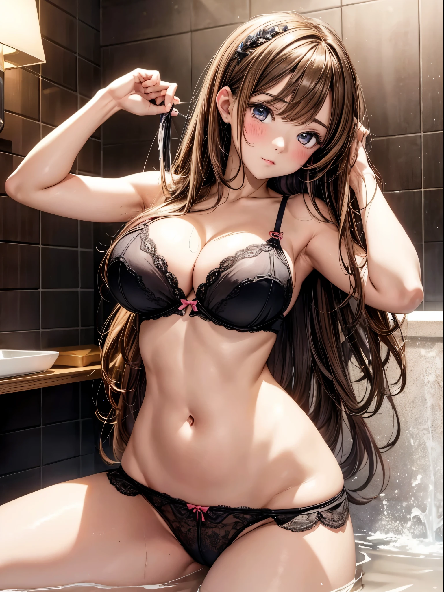 ((masterpiece)), ((best quality)), (ultra-detailed), ((kawaii)), cute, (lovely), ((sexy)), (ero), ((extremely detailed)), 4K, (8K), best quality, (beautiful), anime style, dynamic angle, full body focus0, bathroom, taking a bath ,a cute girl, 1girl, solo, lingerie, beautiful light brown hair, ((beautiful eyes)), long hair, buttocks, large breast, ashamed, blush, shiny-glistening, gleaming