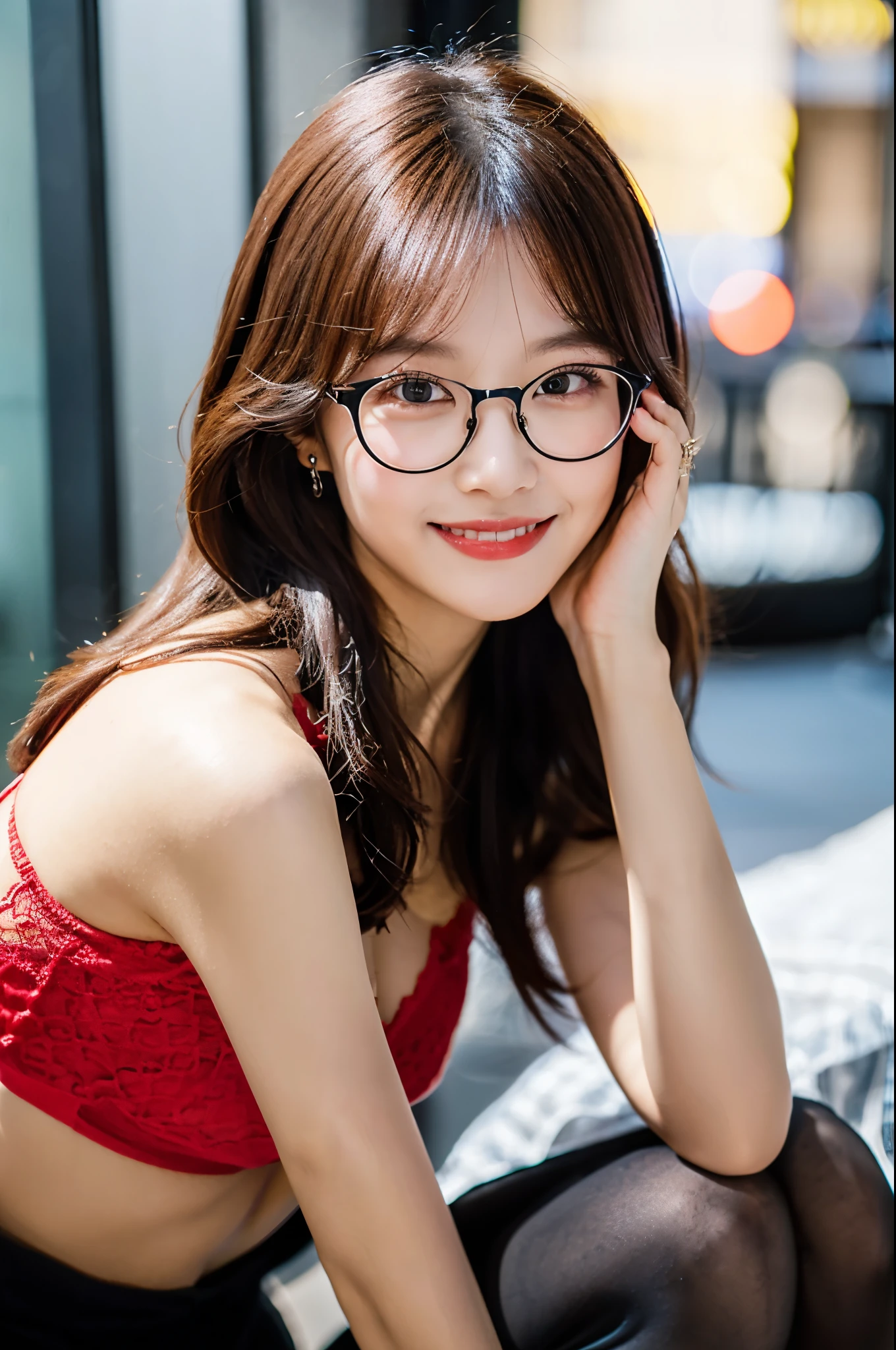 ulzzang -6500-v1.1, masutepiece, , best qualtiy,、Ultra Detail, Classy elite woman in glasses poses for a photo, Sit on the bed and cross your legs、put on glasses, Luxury Lace Bra Top:1.2, (Wear ultra-realistic pantyhose)、  ((See Through Nightgown:1.3)),  nightgown and black glasses, with black eyeglasses, Girl in a nightgown, (Very affectionate smile:1.2)、On Body, Tindall Effect, Realistic, Shadow Studio, Rim lighting, dual-tone lighting, (High Detail Skins: 1.2), 8K UHD, Digital SLR, Soft light, High quality, Volume Light, Sneak Shots, Photo, High resolution, 4K, 8K, Background blur, Colorful, Vivid colors, realistic skin textures、shinny skin、Exposed thighs!!!、