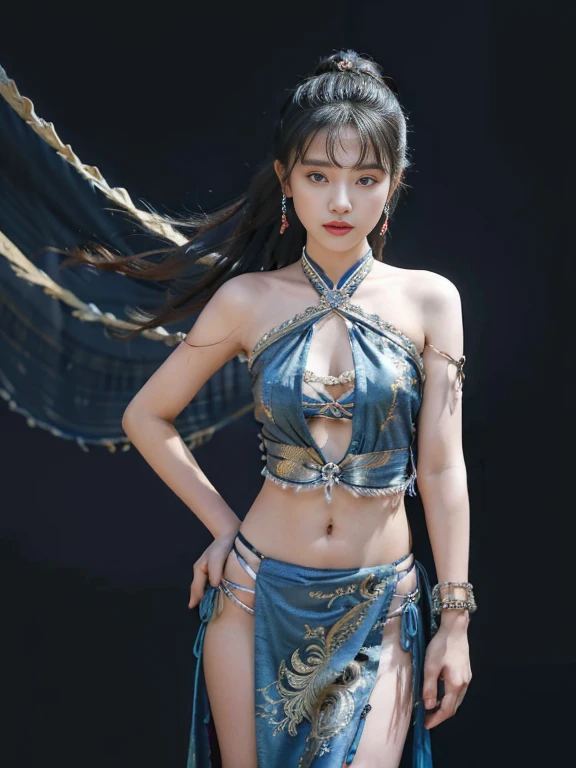 An ancient Chinese beauty,Dance,The ornate costumes are embroidered with intricate embroidery,A long colored streamer is tied around the arm,flowy,Open navel,cropped shoulderare neck,Yingluo,Black coiled hair bun hairpin hairband,The armband is tied with a streamer,Bracelet,Anklets,A metal chain tassel is tied around the waist,Mogao Cave Art,Inspiration for the Dunhuang flying mural,water ink,CGstation is popular ,NSFolden decoration,nipple tassels,Show your toeull bodyesbian --v 6