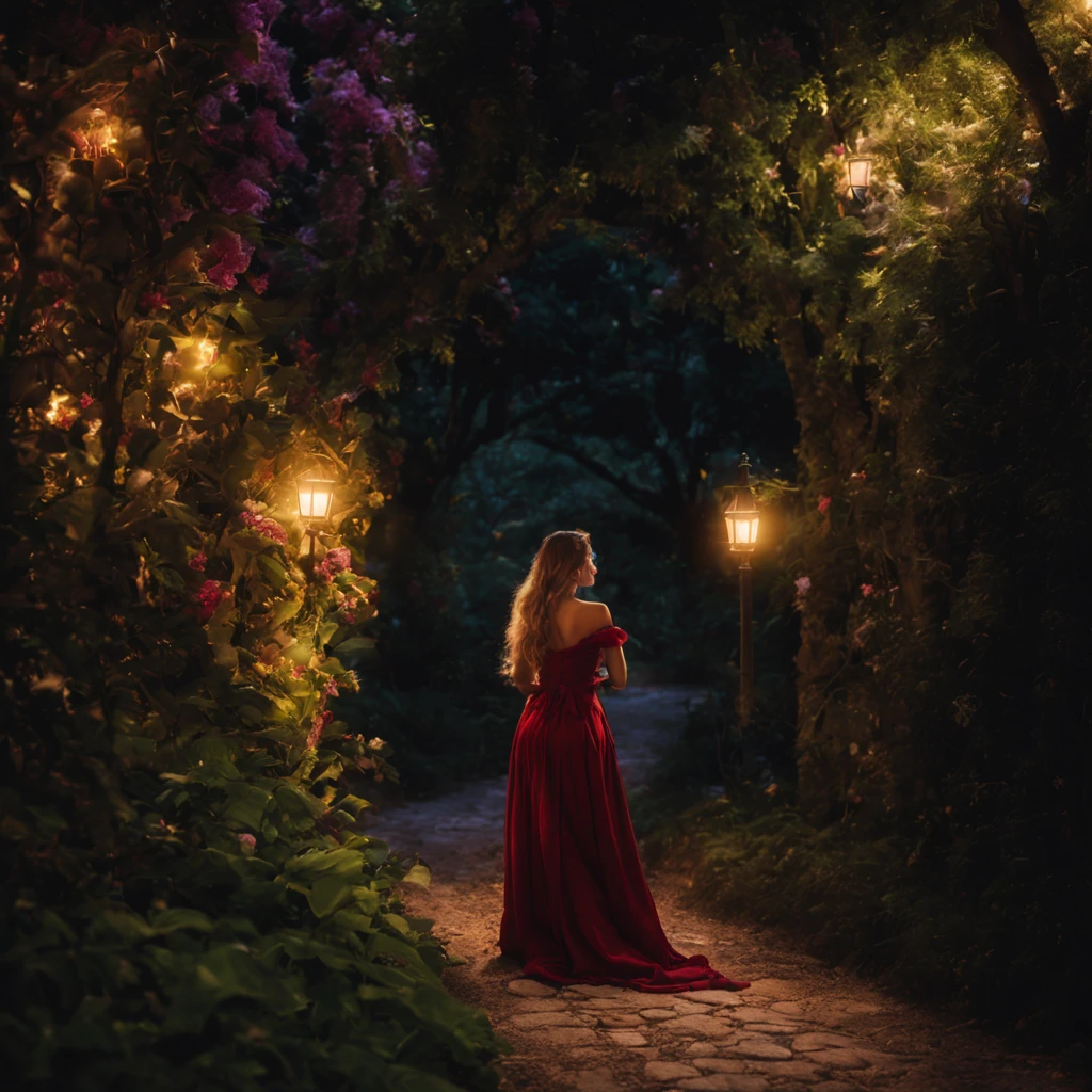 1 girl "rapunzel with sunglasses and wine red dress", a view of a path with a path leading to a garden with trees and flowers, Jardim encantado, fantasy gorgeous lighting, paisagem natural noturna, enchanted magical fantasy forest, Wonderland at night, very magical and dreamy, caminho, Lovely lighting, magical ambiance, paisagem lindamente iluminada, foto muito bonita, magic lighting, belo jardim, papel de parede bonito, magical ambiance