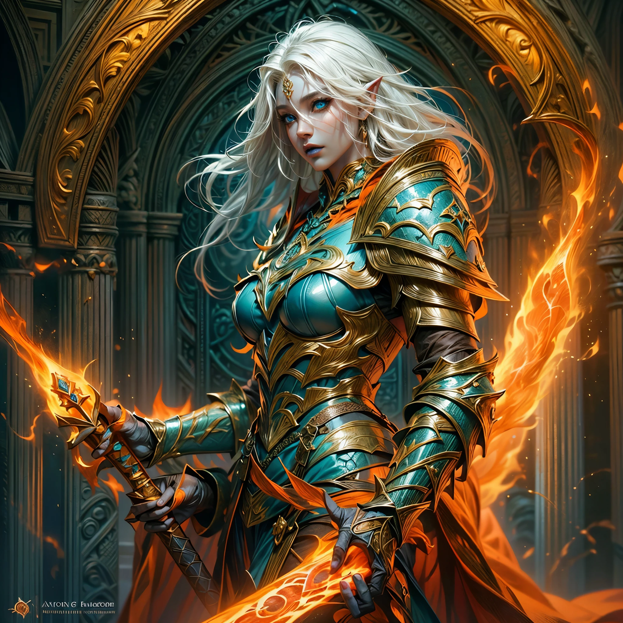 fantasy art, dnd art, RPG art, drkfntasy wide shot, (masterpiece: 1.4) portrait, intense details, highly detailed, photorealistic, best quality, highres, portrait a vedalken female (fantasy art, Masterpiece, best quality: 1.3) (blue skin: 1.5), intense details facial details, exquisite beauty, (fantasy art, Masterpiece, best quality)cleric, (blue colored skin: 1.5) blue skinned female, (white hair: 1.3), long hair, intense green eye, fantasy art, Masterpiece, best quality) armed a fiery sword red fire, wearing heavy (white: 1.3) half plate mail armor CM-Beautiful_armor wearing high heeled laced boots, wearing an(orange :1.3) cloak, wearing glowing holy symbol GlowingRunes_yellow, within fantasy temple background, reflection light, high details, best quality, 16k, [ultra detailed], masterpiece, best quality, (extremely detailed), close up, ultra wide shot, photorealistic, RAW, fantasy art, dnd art, fantasy art, realistic art,