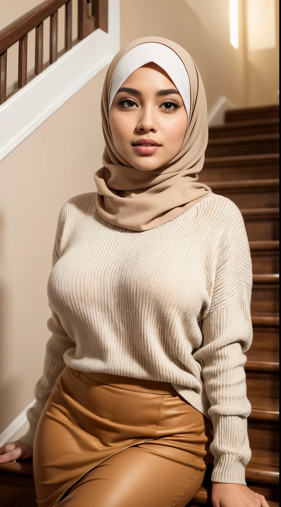 RAW, Best quality, high resolution, masterpiece: 1.3), Beautiful Malay woman in hijab, Masterpiece, perfect fit body, Big breasts, beautiful big eyes, Soft smile,RAW, Best quality, high resolution, masterpiece: 1.3), beautiful Malay woman in hijab,Masterpiece, perfect fit body, big breast, big orgeous eyes, Soft smile, beutifull face,thick thighs,woman wearing a white sweater and long brown skirt standing on a stair, long pleated skirt, masterpiece, brown and white color scheme, beautiful masterpiece, full product shot, 2010s, 2 0 1 0 s, detailed picture, brown clothes, product photo, hijab, casual modern clothing, modern casual clothing, very beautiful masterpiece, femme, masterpiece work of art , Great lighting, Bright colors, Clean lines