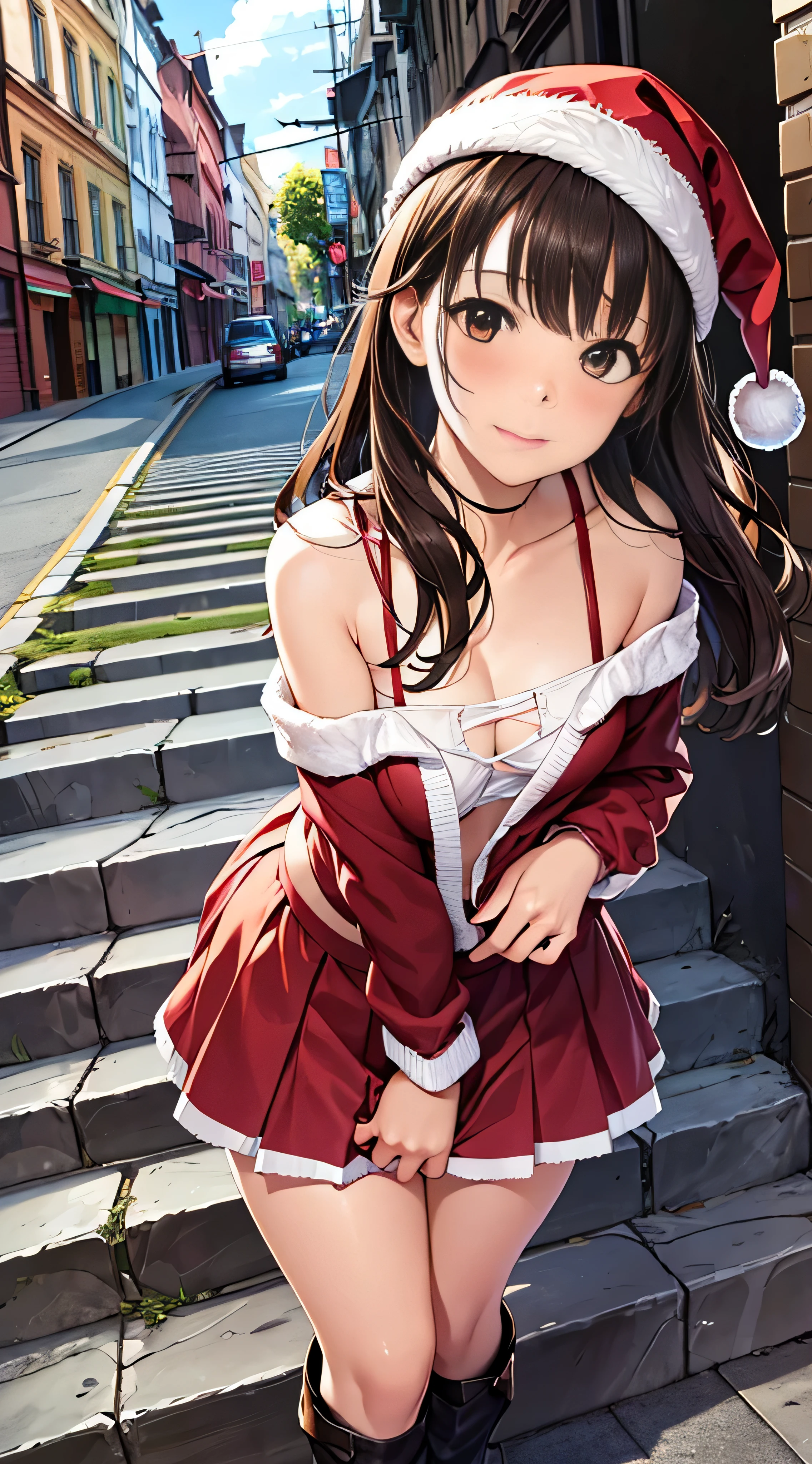 ((masutepiece, Best Quality, hight resolution, nffsw, Perfect Pixel, 4K, nffsw, nffsw))), 1girl in, Single, Solo, Beautie、full body seen、 ((Medium length wavy hair, Bangs, Brown hair)), ((Brown-eyed, Beautiful eyelashes, Realistic eyes)), ((Detailed face, Blushing:1.2)), ((Smooth texture:0.75, Realistic texture:0.65, Photorealistic:1.1, Anime CG style)), medium breasts, Dynamic Angle, Perfect body, (Santa Claus Costume、Red knitted hat、Red off-the-shoulder sweater、Long flared skirt)), City staircase、Looking up from the bottom of the stairs、Very embarrassing panic smile、Open your mouth and make a surprised face、 turned around、bending forward、(The wind flipped my skirt and exposed my butt............................................、stick out your butt、Touching the buttocks with both hands、White lace panties)、