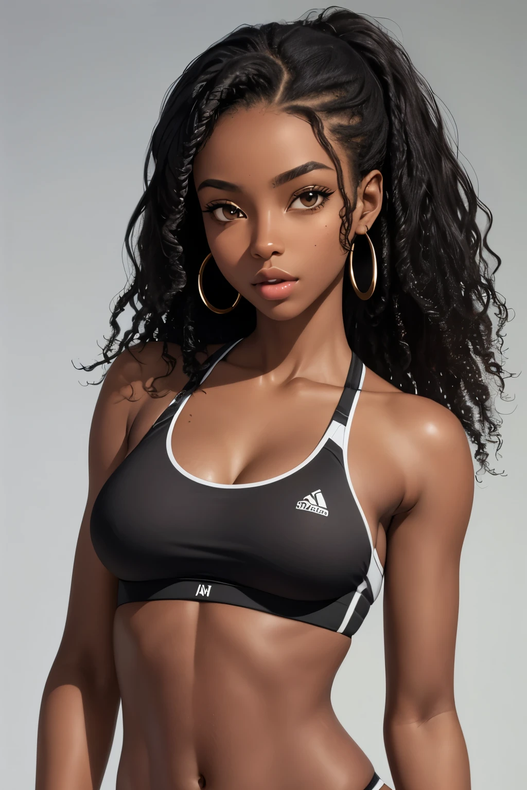 (masterpiece, best quality), deep ebony 1girl, beautiful face, Kimberly_jackson, freely wavy hair, sport bra, African