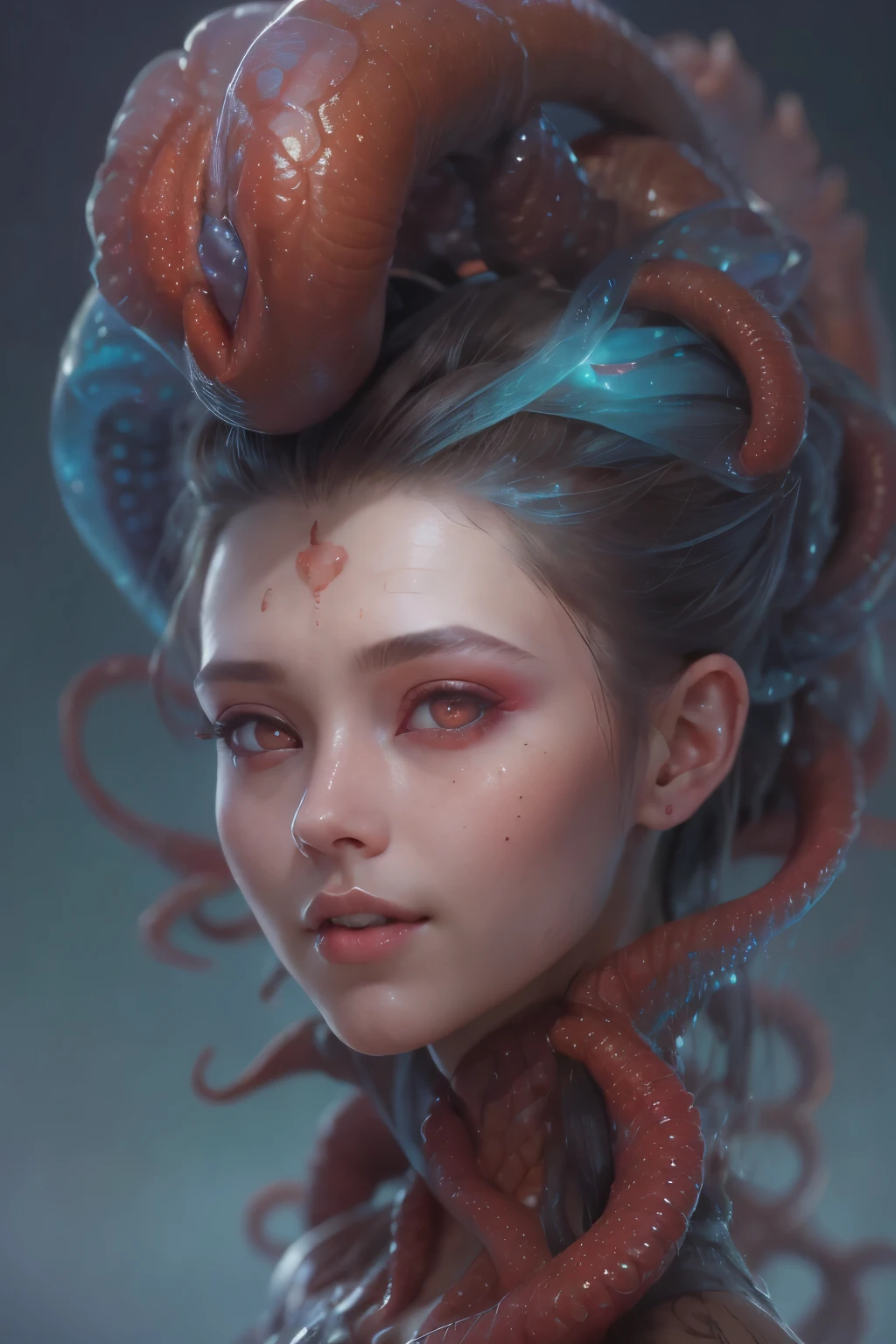 Portrait, (beautiful female alien:1.2), (There is a female genital-like organ in the middle of the forehead:1.8), (The most beautiful face in the history of the universe:1.2), (scarlet eyes:1.6), (Translucent skin:1.8), an evil gaze that seduces , (red eyes:1.5), Full body like, (sexypose:1.5), alien, No humans, cells are fused, (Lots of translucent tentacles:1.1) (Translucent skin:1.3), extraterrestrial, cell, bio image, 魅惑的, Best Quality, 8K,4K_quality, high definition, Dramatic Lighting, masutepiece:1.5,cinematic quality, detail up, (Intricate details:1.2), high resolution, High Definition, drawing faithfully, (Thick eyebrows:1.2), Beautiful eyes with fine symmetry, (Ultra detailed eyes:1.2),(Highly detailed face and eyes:1.2), (High-resolution red-eye:1.4), Intimate face, (Super detailed skin quality feeling:1.4), Perfect Anatomy, (Beautiful toned body:1.5), (Moist skin:1.2), No makeup, (dark circles:1.1), long canines, cinematic drawing of characters, ultra high quality model, cinematic quality, detail up, (Intricate details:1.2), high resolution, High Definition, drawing faithfully, Official art, Unity 8K wall , 8K Portrait, Best Quality, Very high resolution, ultra detailed artistic photography, midnight aura, unreal engine 5, Ultra Sharp Focus, art by alberto seveso, ArtGerm, Roisch, intricate artwork, Medusa, best quality, masterpiece, ultra high resolution, (photos realistic:1.4), Ultra-realistic realism, dream-like, nautilus, Creation of fantasy, Snail, Dream Snail, biopunk nautilus, thrilling color schemes, Ultra-realistic realism, seductively smiling, blue tentacles