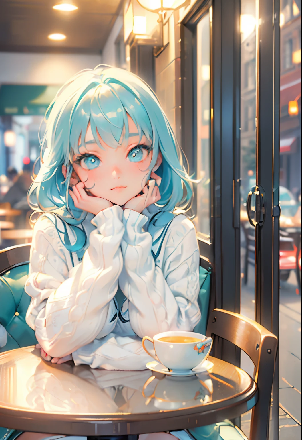(masterpiece:1.2, best quality), (intricate details, depth of field), (1girl, solo), highly-detailed, perfect face, (skindentation), turquoise hairs, cyan eyes, (A girl sitting in cafe, white sweater), winter night, sitting near windows