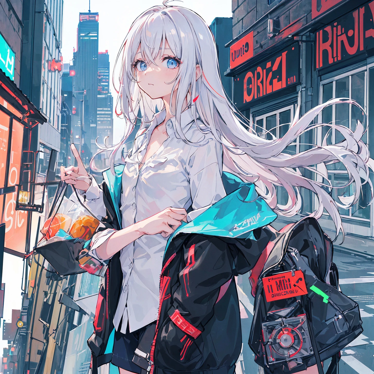 1girl, sozinho, Loli, pequeno, (muito_Longas_Hair), (Rosa_Hair:1.2), plaits, (vermelho_olho), medium_seios, (Branco_camisa:1.5), (Jacket), (Off_ombro:1.2), (retrato), brilhante_olho, Background Story_Luz, (Cityscape:1.5), (saia plissada, )(neon light_Luzs:1.2), (ciencia), Cyberpunk, ((master part)), (mais alto_qualidade), (altamente_circunstanciado), (Original),(Delicate Background Story),(extremely circunstanciado 8K wallpaper),cinematic Luzing, volume Luzing, Luz particles, sombrio_rosto, Beautiful_circunstanciado_olho, profundidade_Of_campo, perspectiva,