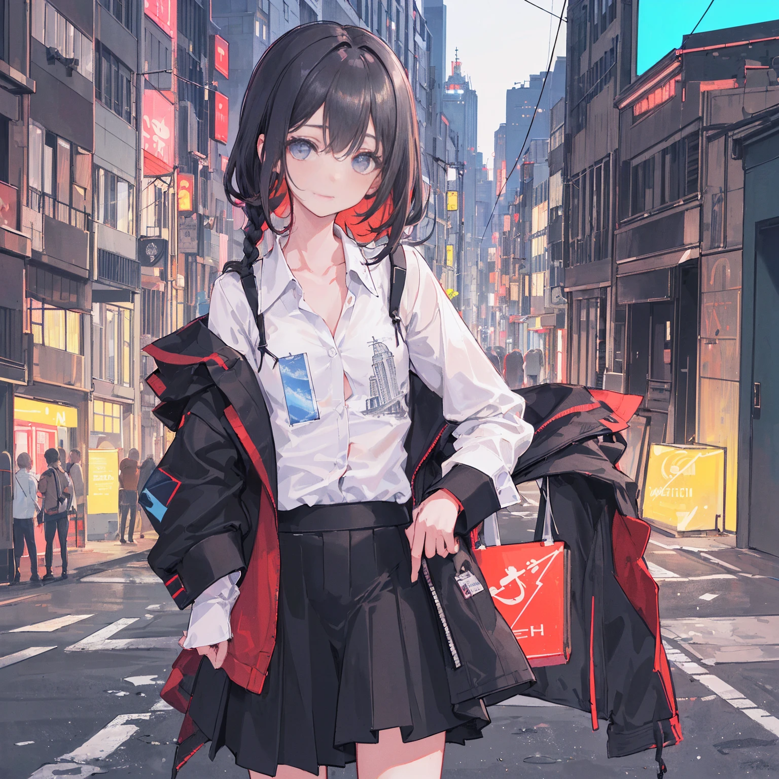 1girl, sozinho, Loli, pequeno, (muito_Longas_Hair), (Rosa_Hair:1.2), plaits, (vermelho_olho), medium_seios, (Branco_camisa:1.5), (Jacket), (Off_ombro:1.2), (retrato), brilhante_olho, Background Story_Luz, (Cityscape:1.5), (saia plissada, )(neon light_Luzs:1.2), (ciencia), Cyberpunk, ((master part)), (mais alto_qualidade), (altamente_circunstanciado), (Original),(Delicate Background Story),(extremely circunstanciado 8K wallpaper),cinematic Luzing, volume Luzing, Luz particles, sombrio_rosto, Beautiful_circunstanciado_olho, profundidade_Of_campo, perspectiva,