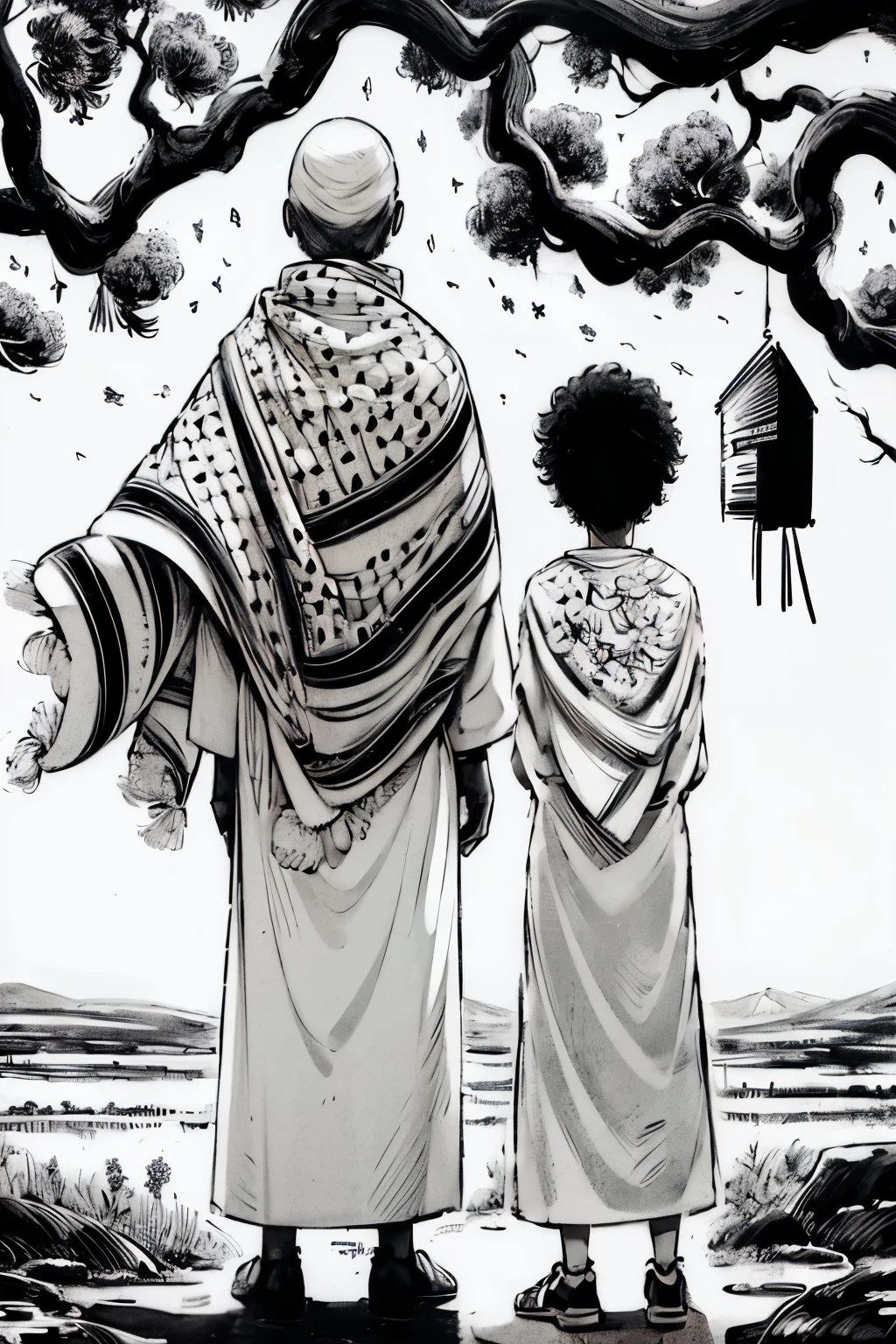 illustration of a man and a preteen boy standing under a tree, black and white manga panel, black and white manga page, black and white manga comic, black and white manga, afro samurai manga style, black and white manga style, manga illustration, official art, manga, afro samurai style, afro samurai anime style, beautiful depiction, hannah yata, manga panels