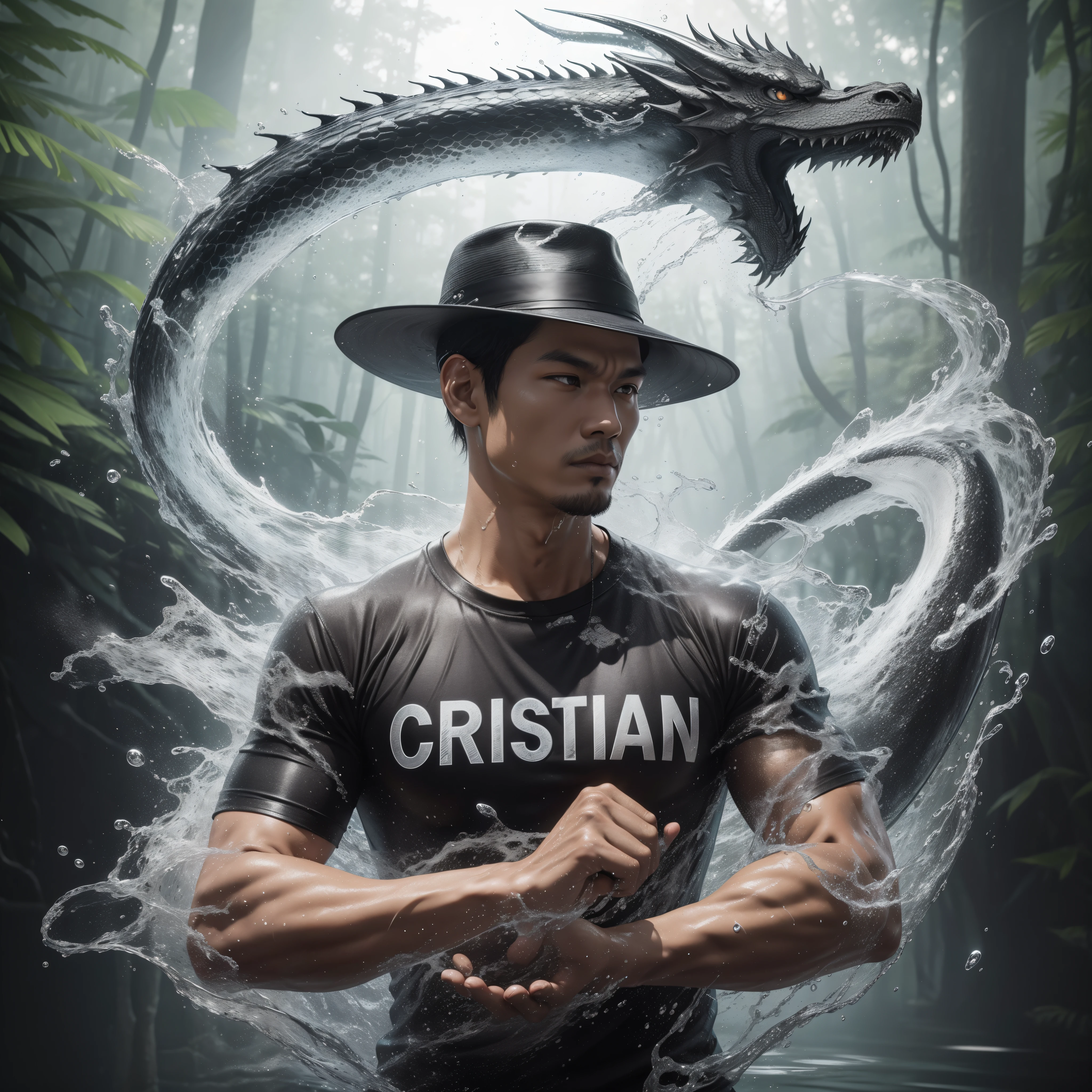 "visualize the words "(CRISTIAN)" written on a shiny silver and black t-shirt, a 30 year old Indonesian man, wearing a black hat, oval face, clearly visible pores, demonstrating pencak silat moves with water floating around him forming shapes. big clear dragon, the background is a dark forest scene with blur effect, photo realistic"