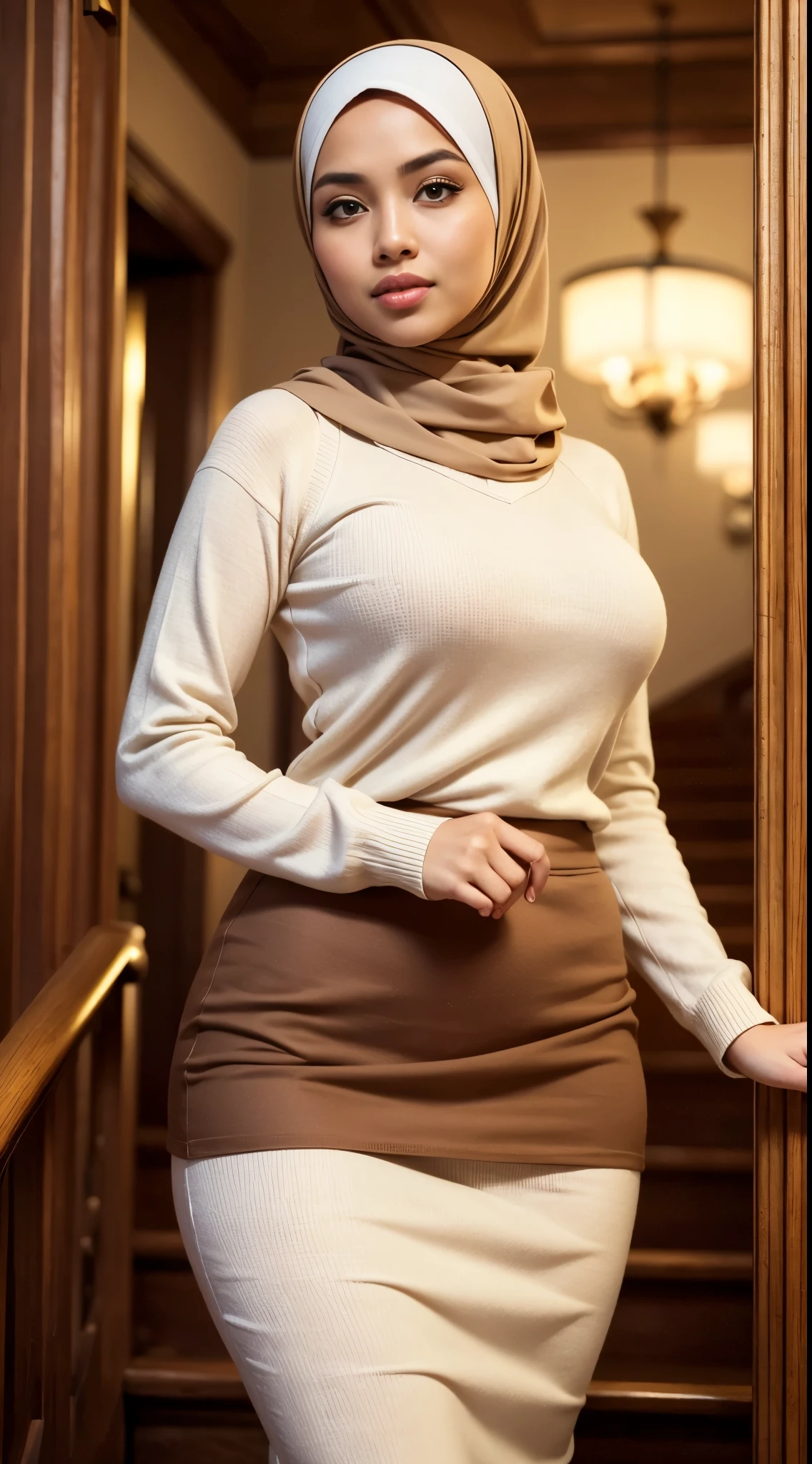 RAW, Best quality, high resolution, masterpiece: 1.3), Beautiful Malay woman in hijab, Masterpiece, perfect fit body, Big breasts, beautiful big eyes, Soft smile,RAW, Best quality, high resolution, masterpiece: 1.3), beautiful Malay woman in hijab,Masterpiece, perfect fit body, big breast, big orgeous eyes, Soft smile, beutifull face,thick thighs,woman wearing a white sweater and long brown skirt standing on a stair, long pleated skirt, masterpiece, brown and white color scheme, beautiful masterpiece, full product shot, 2010s, 2 0 1 0 s, detailed picture, brown clothes, product photo, hijab, casual modern clothing, modern casual clothing, very beautiful masterpiece, femme, masterpiece work of art , Great lighting, Bright colors, Clean lines