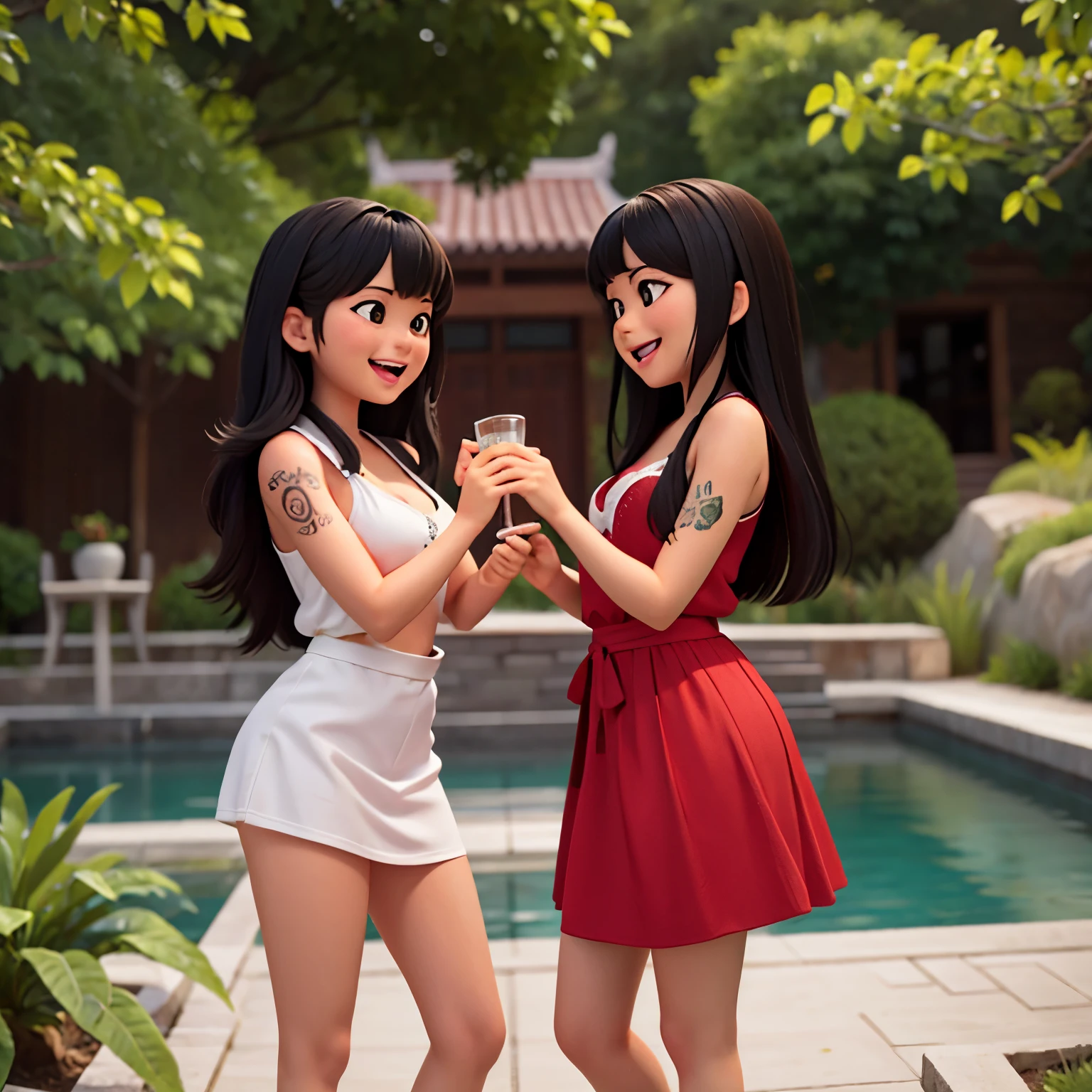 Two best friends laughing together, one girl is european with long half black half blonde hair and tattoos on her arms, the other girl is asian from laos with darker skin tone and long black hair