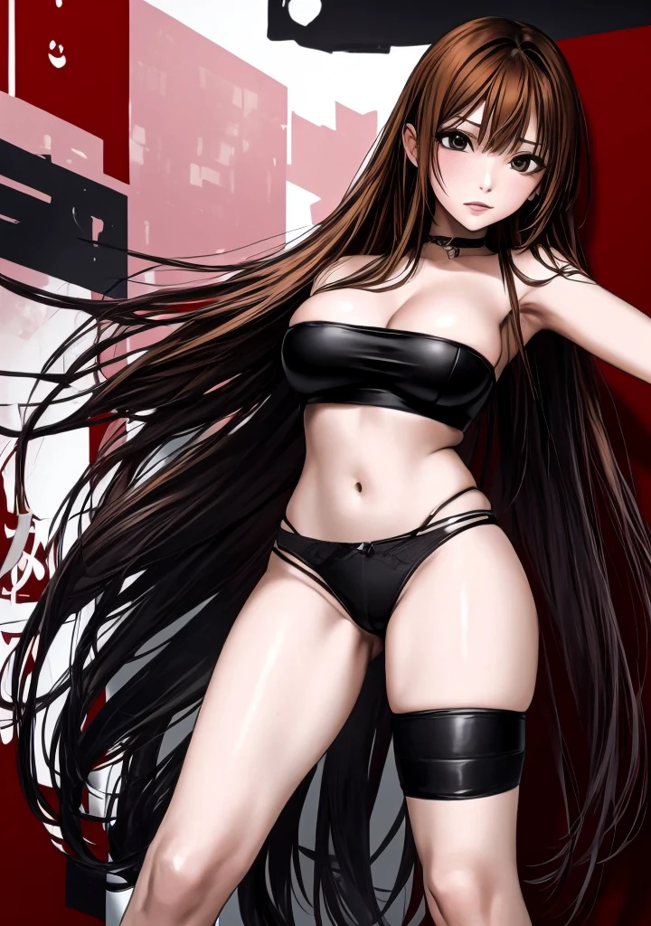 A beautiful adult woman with shoulder-length long hair, big breasts, beautiful legs, and a sharp face is standing with her legs spread apart wearing a black tube top that exposes her navel and black panty-like hot pants.。Has an erotic look。Holding a microphone and singing。I'm putting my left hand down my hot pants.。I open my eyes slightly。