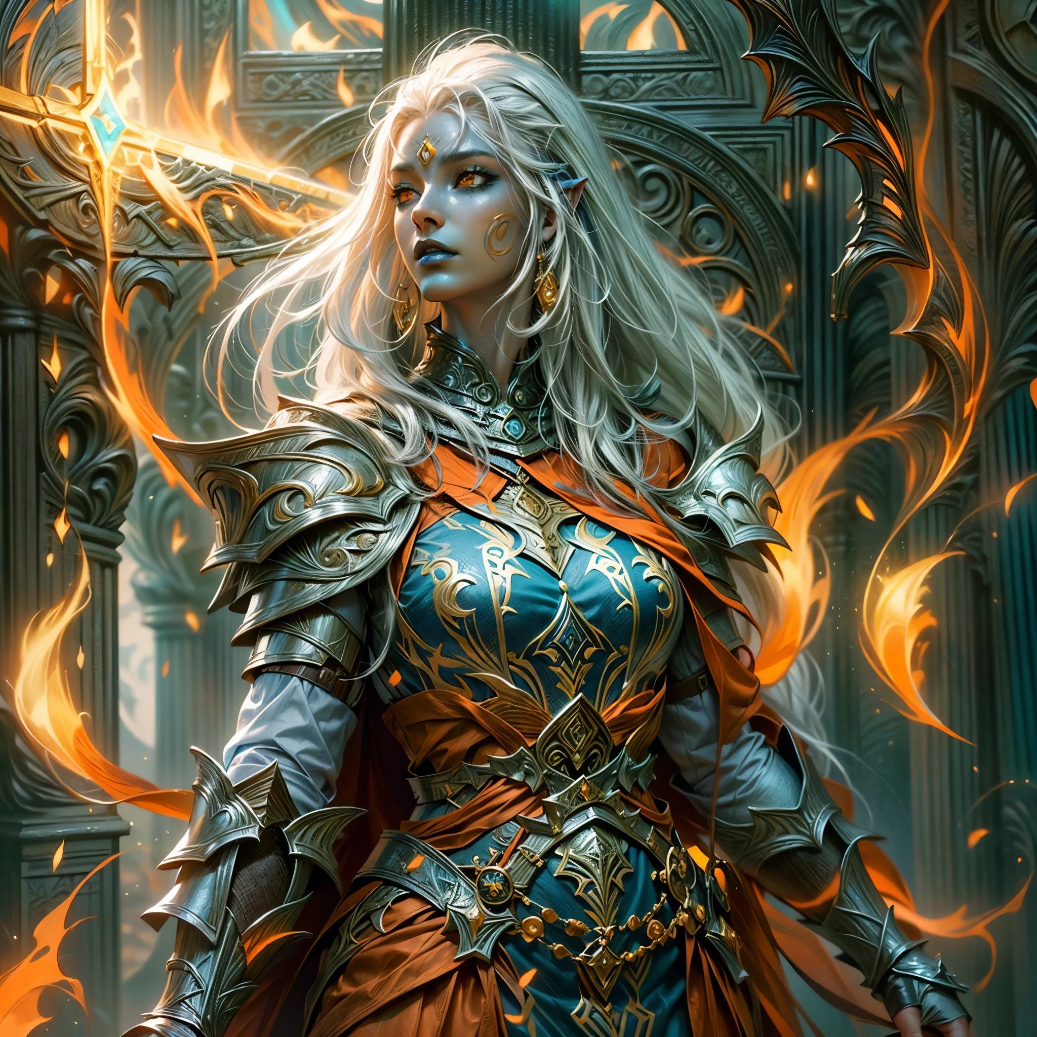 fantasy art, dnd art, RPG art, drkfntasy wide shot, (masterpiece: 1.4) portrait, intense details, highly detailed, photorealistic, best quality, highres, portrait a vedalken female (fantasy art, Masterpiece, best quality: 1.3) (blue skin: 1.5), intense details facial details, exquisite beauty, (fantasy art, Masterpiece, best quality)cleric, (blue colored skin: 1.5) blue skinned female, (white hair: 1.3), long hair, intense green eye, fantasy art, Masterpiece, best quality) armed a fiery sword red fire, wearing heavy (white: 1.3) half plate mail armor CM-Beautiful_armor wearing high heeled laced boots, wearing an(orange :1.3) cloak, wearing glowing holy symbol GlowingRunes_yellow, within fantasy temple background, reflection light, high details, best quality, 16k, [ultra detailed], masterpiece, best quality, (extremely detailed), close up, ultra wide shot, photorealistic, RAW, fantasy art, dnd art, fantasy art, realistic art,