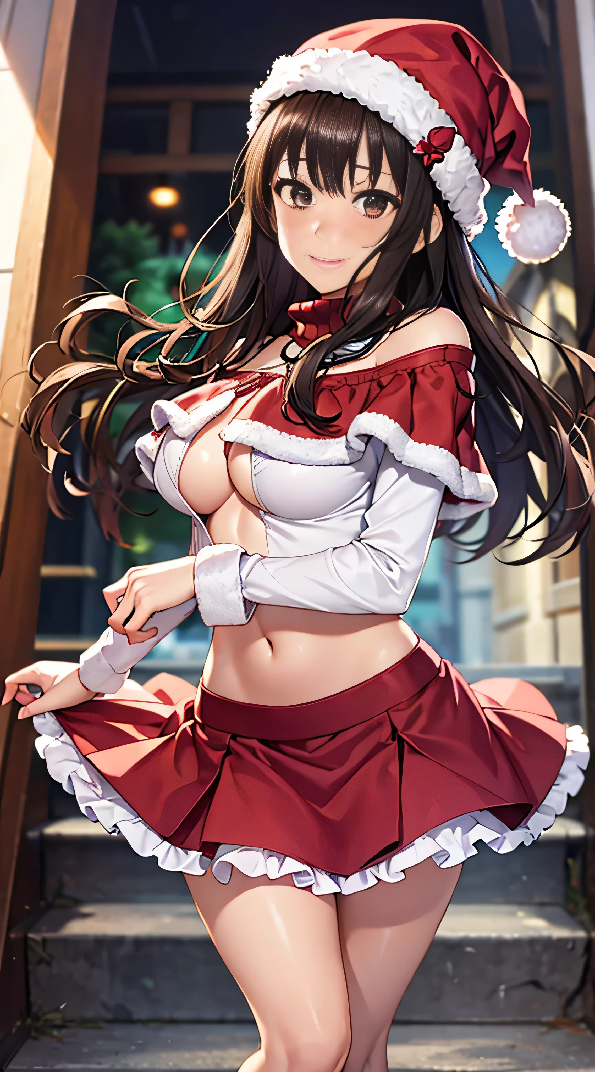 ((masutepiece, Best Quality, hight resolution, nffsw, Perfect Pixel,  4K, nffsw, nffsw))), 1girl in, Single, Solo, Beautie、full body seen、 ((Medium length wavy hair, Bangs, Brown hair)), ((Brown-eyed, Beautiful eyelashes, Realistic eyes)), ((Detailed face, Blushing:1.2)), ((Smooth texture:0.75, Realistic texture:0.65, Photorealistic:1.1, Anime CG style)), medium breasts, Dynamic Angle, Perfect body,  (Santa Claus Costume、Red knitted hat、Red off-the-shoulder sweater、Long flared skirt)), Christmas Lights、Looking up from the bottom of the stairs、Very embarrassing panic smile、Open your mouth and make a surprised face、 turned around、bending forward、(The wind flipped my skirt and exposed my butt...............................................、stick out your butt、Touching the buttocks with both hands、White lace panties)、