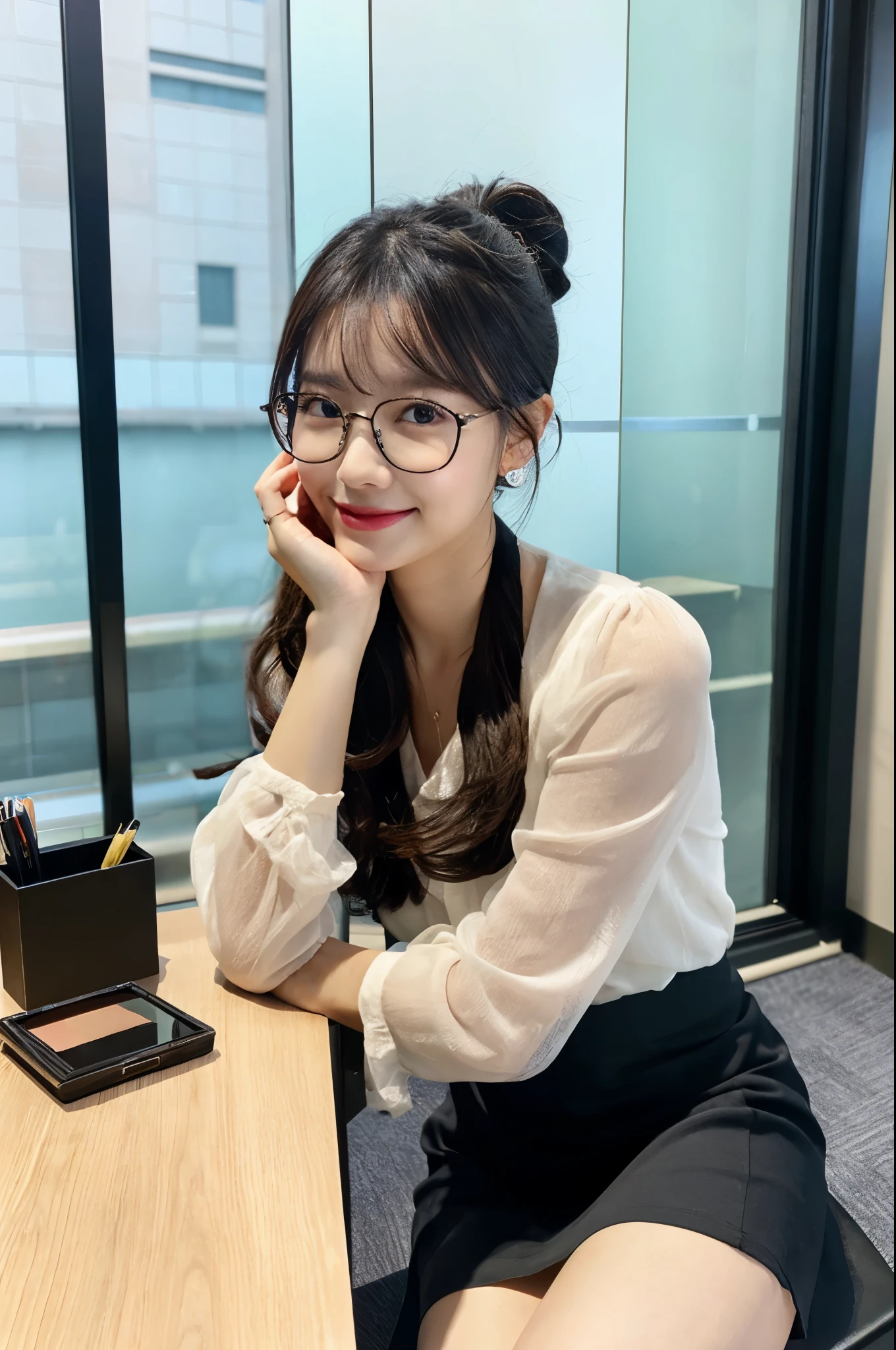 ulzzang -6500-v1.1, (Raw photo:1.2), (Photorealsitic), (See-through:1.3), (Real:1.4), １Girl in glasses、22year old、game_nffsw,  Ocean Blue Eyes(eye detailed), Smile of shame、I have my hair up and I&#39;m wearing a silk blouse:1.3), (Ultra-realistic pantyhose:1.2), (flered skirt:1.2), sitting in the office and working at the desk、realistic skin textures、shinny skin、Exposed thighs!!! , make - up、