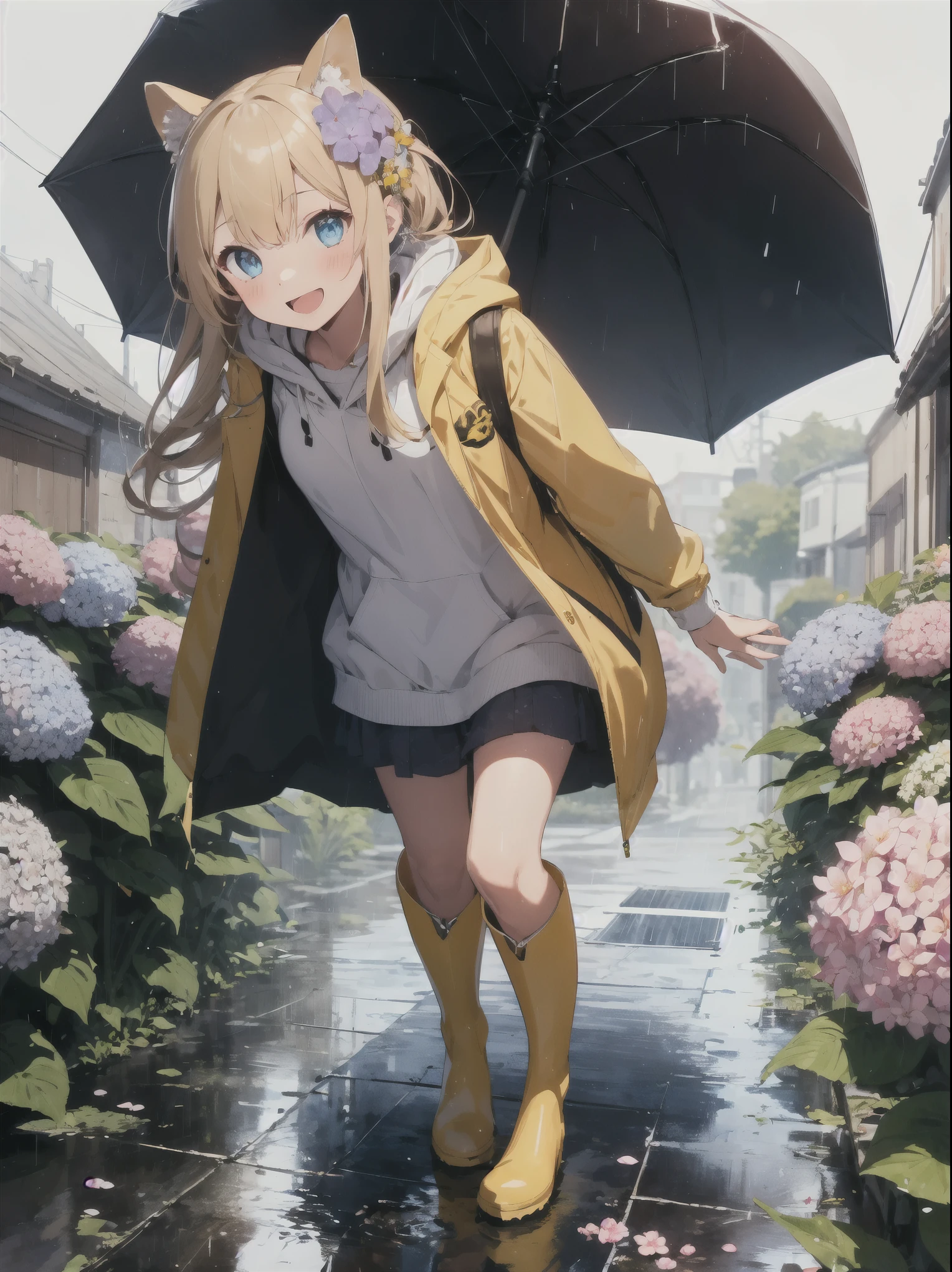 1girl in,RainBow,Raincoat,yellow Raincoat,rubber long boots,hyDrangea,flower,Long hair,Twin-tailed,long boots,blush,umbrellas,Open mouth,Hair Ornament,white backgrounD,hooD,Solo,Terubozu,very Long hair,hooD up,Long sleeves,low Twin-tailed,Bow,Bangs,Smile,animal hooD,Blue eyes,Rabbit,closeD umbrellas,puDDle,full boDy,:D,Snail,Yellow footwear, backgrounD,pink flower,stanDing,leaf umbrellas,holDing umbrellas,fooD-themeD Hair Ornament,hair Bow,animal ears,holDing,blonDe hair,hair flower,Rain,animal,